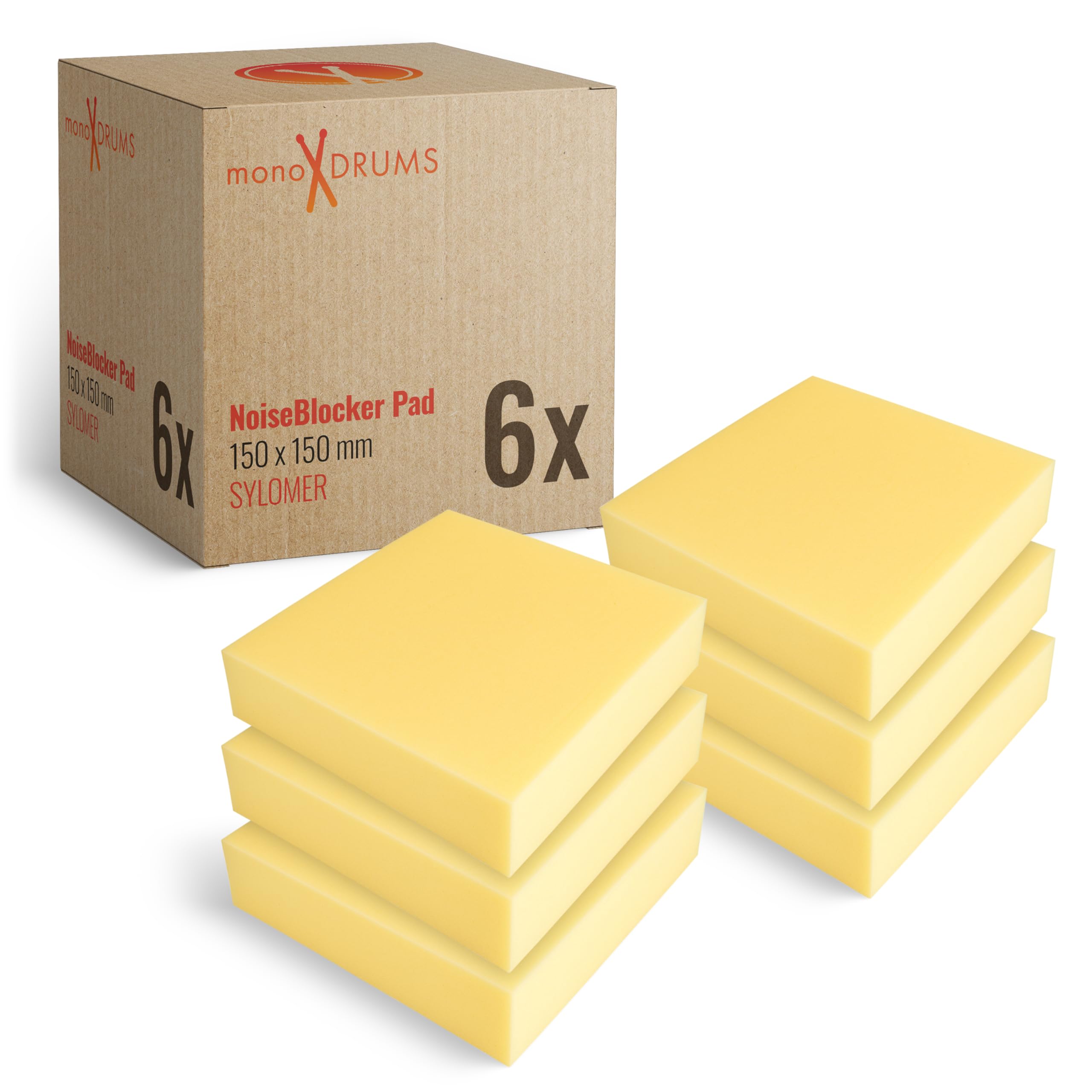 6x monoDRUMS Schlagzeug Sylomer Pads –150×150×25 mm – Traglast 150 kg – für Schlagzeug Zubehör Drum Podest (6er)
