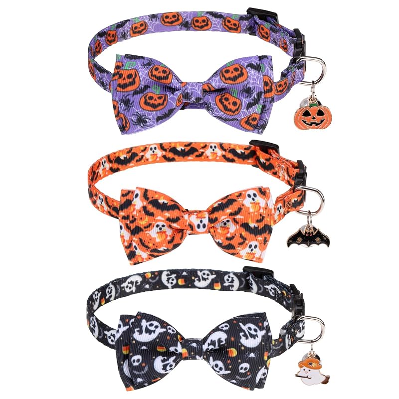 Coleira breakaway para gatos com sino e pingentes, ajustável, VKPETFR, pacote com 3 – Style B - Halloween Style
