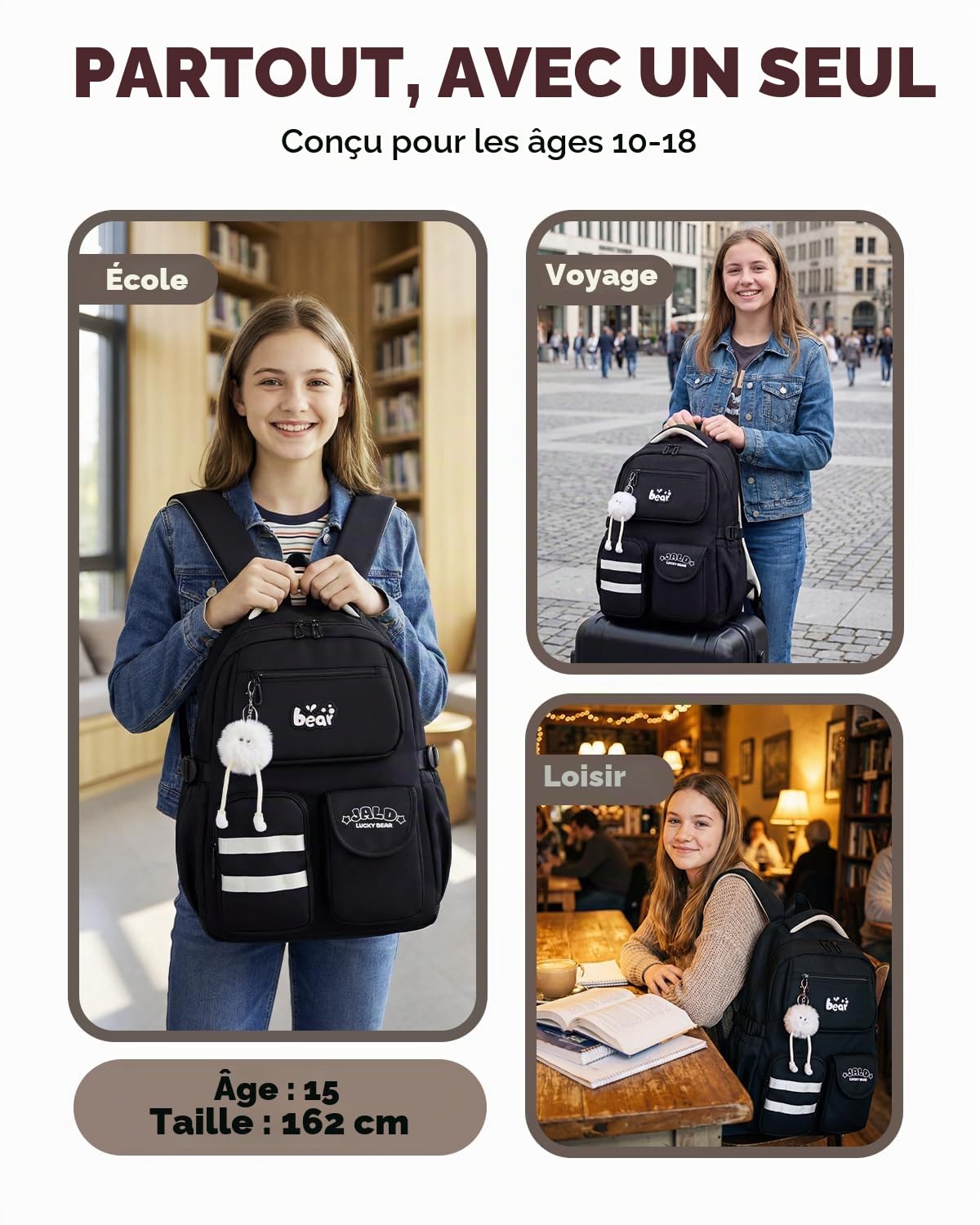 Amythe Sac à Dos Scolaire pour Filles Adolescentes, Cartable Fille Ergonomique Imperméable, Grand Sac D'école pour Primaire(CE2 CM1 CM2) Collège Lycée, 10-18 Ans -Noir