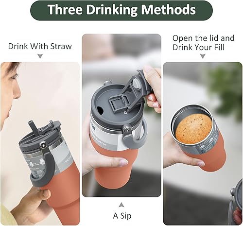 Miniatura 3 de Vaso de 40 onzas con asa y popote, vasos aislados de acero inoxidable, botellas de agua para la escuela, taza de viaje para café a prueba de fugas,