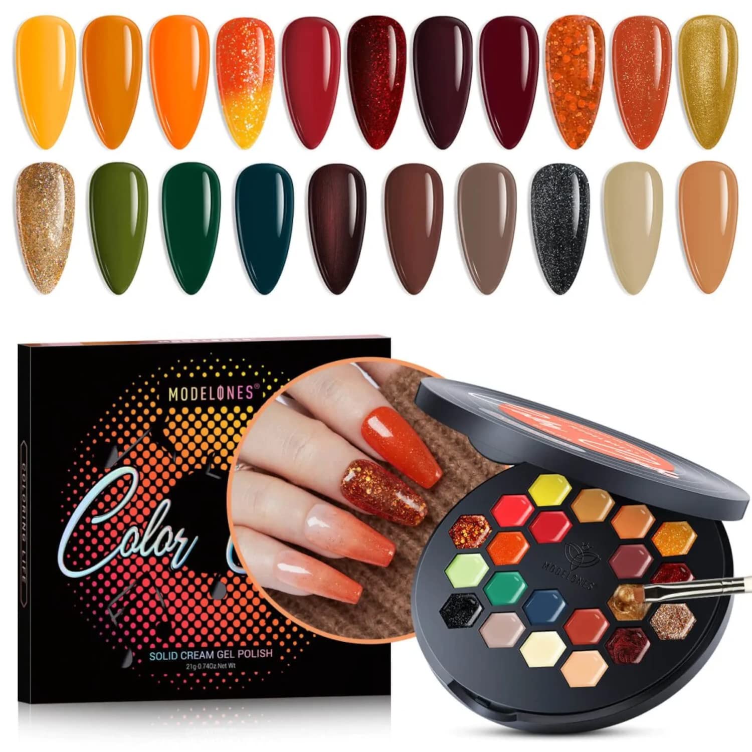 MODELONES Evoke Memories Orange Green Red Solid Gel Polish Nude Brown Glitter Pudding 21g Gel Nailpolish 21 Shade in 1 Palette Solid Cream Gel Nail Polish Need UV Light to cure UV Gel Polish