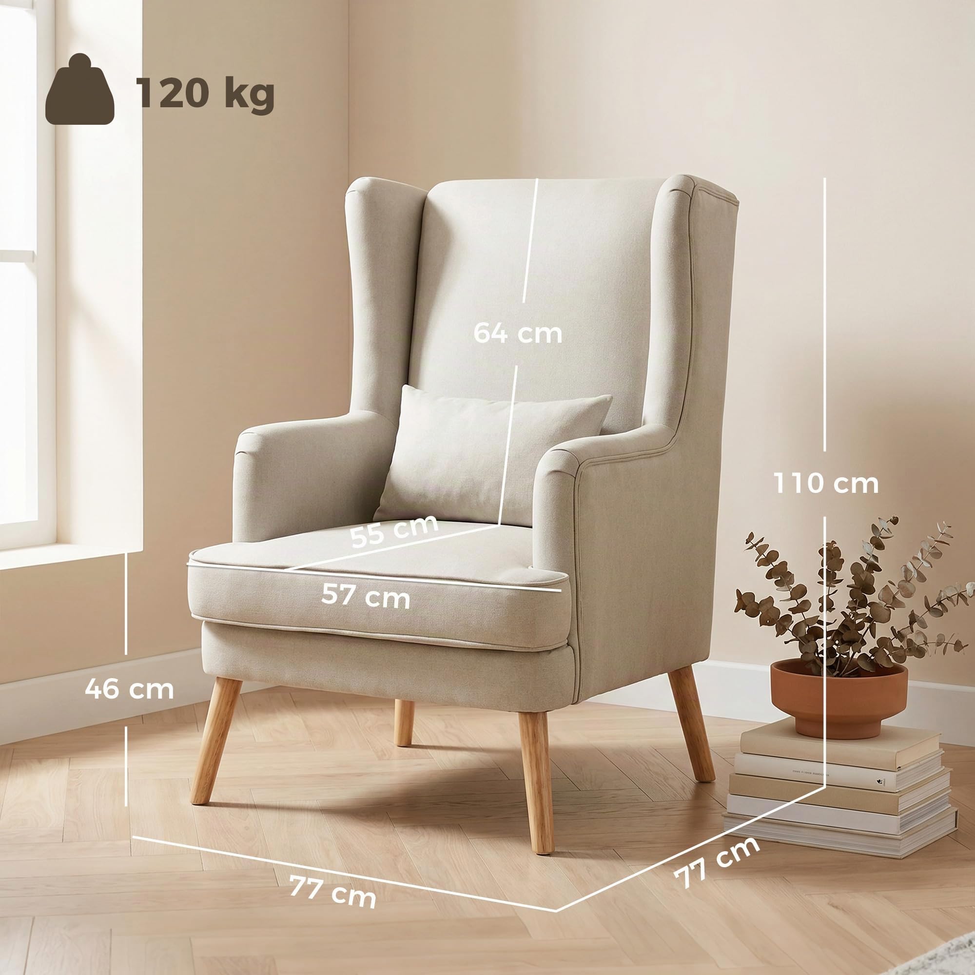 HOMCOM Ohrensessel mit Lendenkissen Hoher Rückenlehne Breitem Sitz Beige