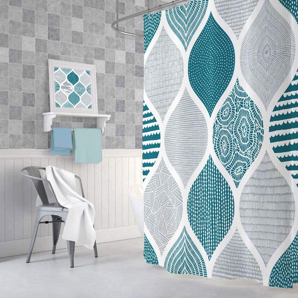 JAWO Cortina de Ducha Bohemia Verde Azulado y Gris para baño, Juego de Cortinas de Ducha con patrón geométrico de Tela Bohemia Gris y Blanco, Accesorios de decoración de baño con Ganchos, 72 x 72