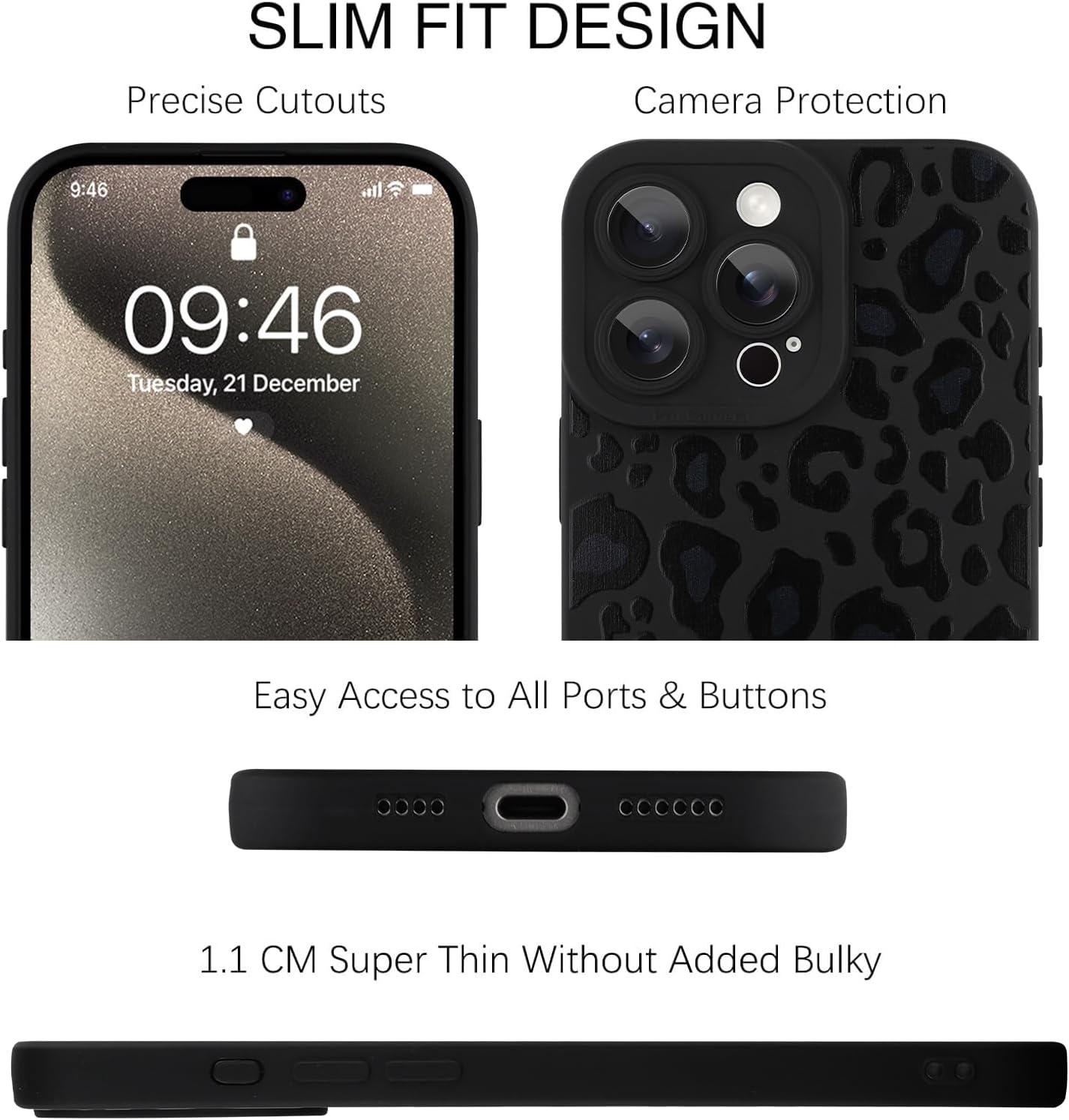 TEAUGHT Compatible with iPhone 15 Pro Max Case Cute Pattern Black Leopard Print Cheetah Camera Protection Cover, Cheetah Pattern Phone Case Silicone for Girls Women - Image 2