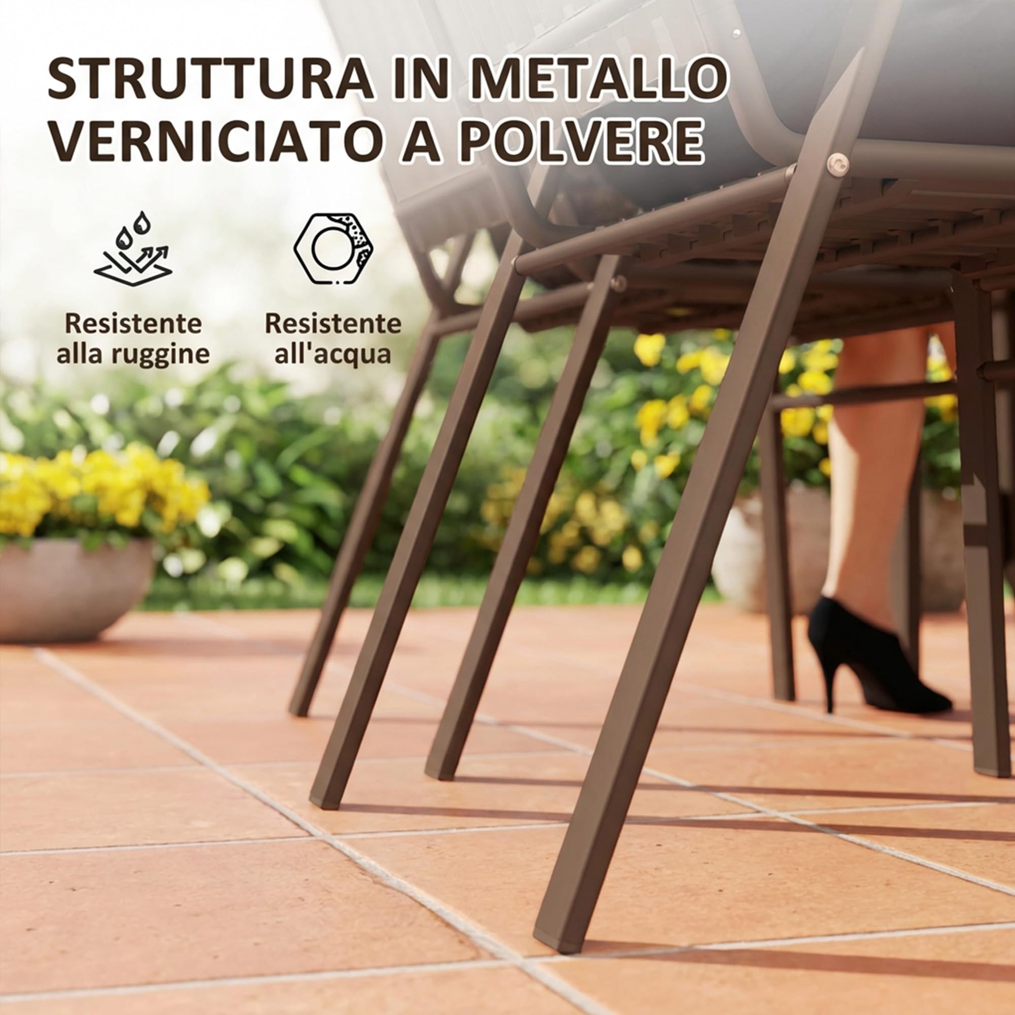 Outsunny Set 4 Sedie da Giardino Impilabili con Schienale Alto e Braccioli, Sedie da Esterno in Plastica PP e Acciaio, da Patio, Balcone, Terrazza, Esterno e Interno, 56x66x91 cm, Marrone Scuro