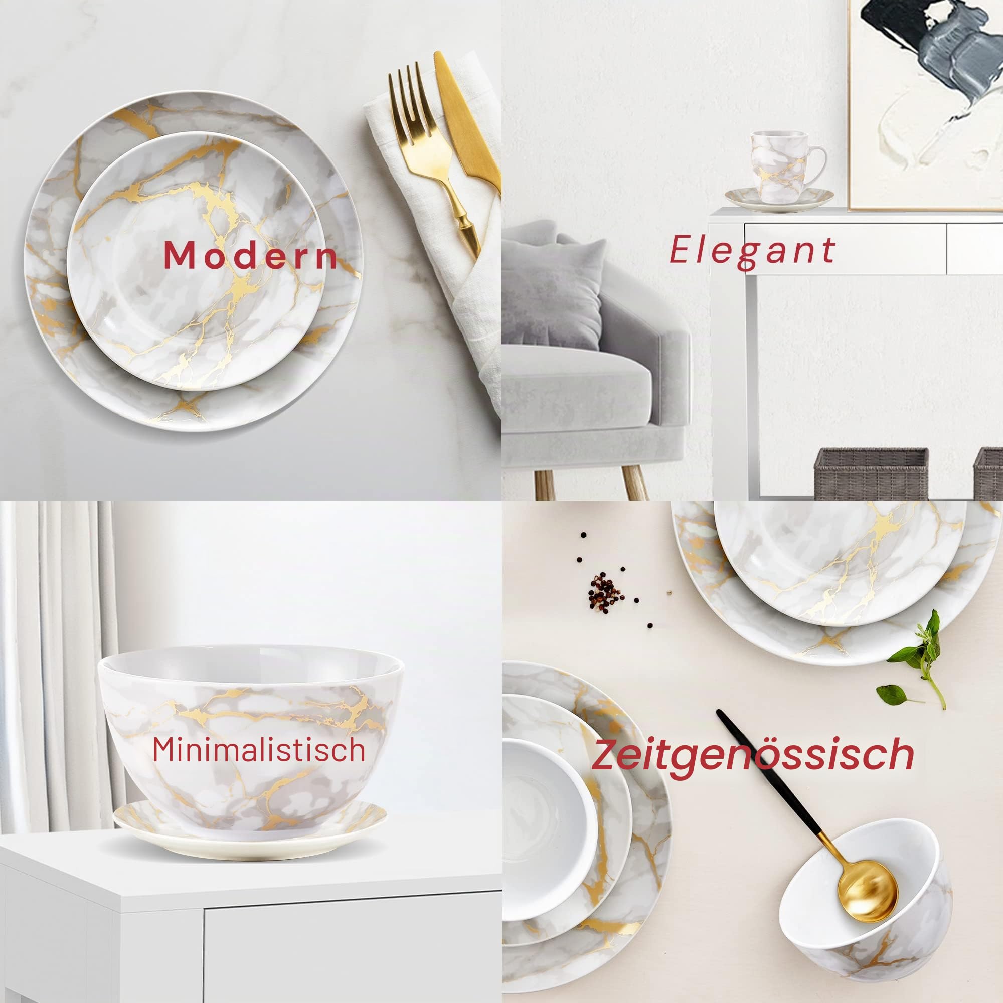 Safdie & Co. - Gold Marmor Teller und Schüsseln Sets, Moderne Küche 16-teiliges Geschirr-Sets, Innen- und Außenteller, mit Tassen, Spülmaschinenfest