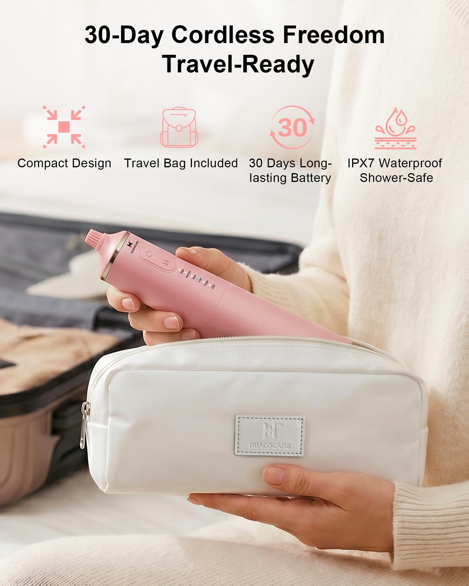 HUACO CARE Irrigador bucal de agua mejorado de 300 ml, 5 modos de irrigador bucal profesional inalámbrico, limpiador dental de agua de pulso de alta presión para el hogar y viajes, elimina la placa