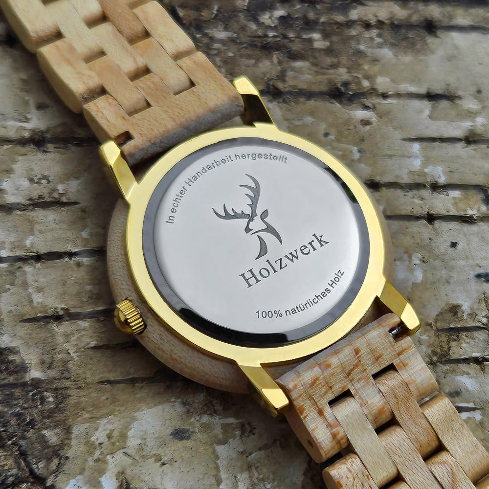 Holzwerk Germany Handgefertigte Designer Damen Uhr Öko Natur Holzuhr Braun Gold Rot Holz Armband Analog Klassisch Quarz