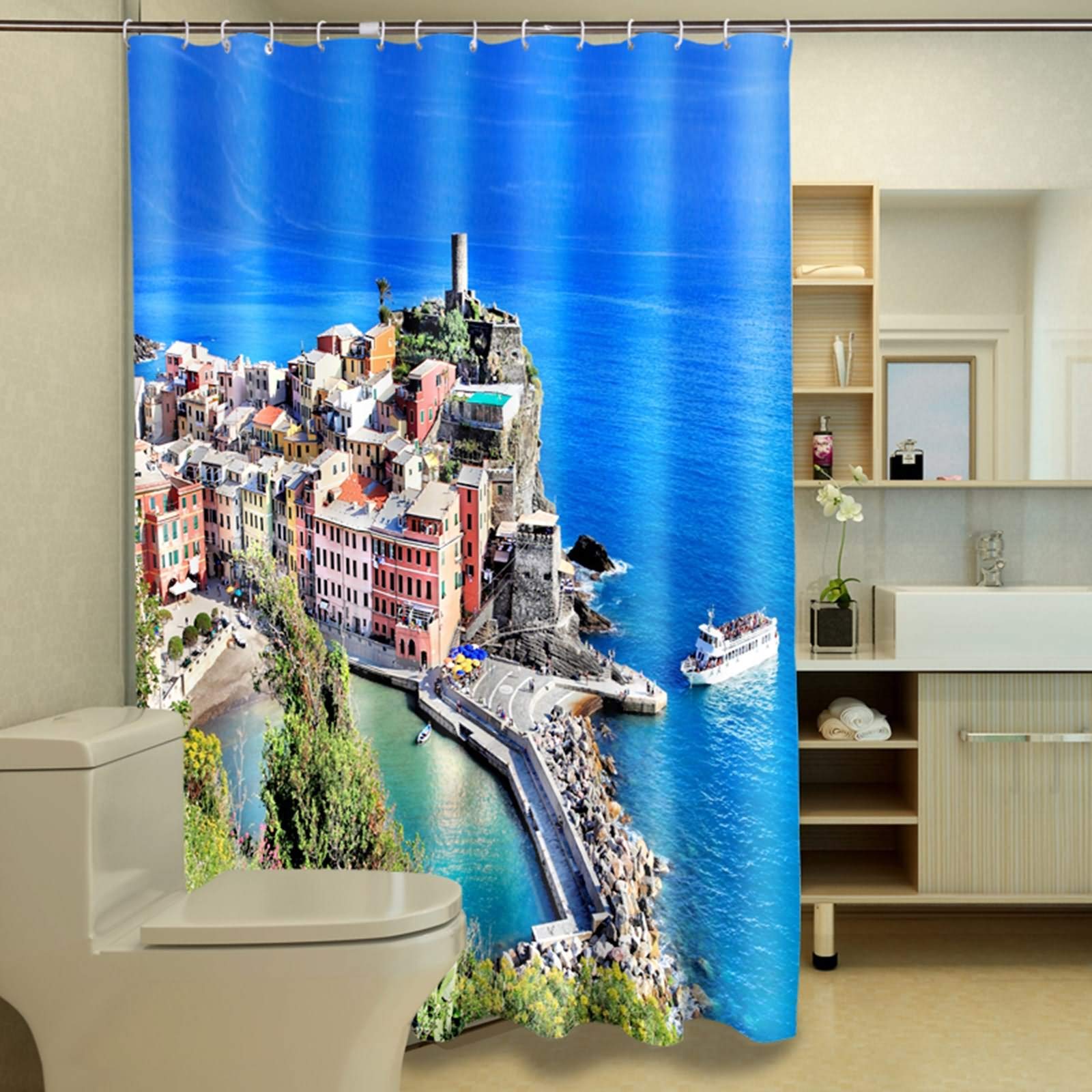 Rideau de douche imperméable 3D ville balnéaire bleu vert 200x180