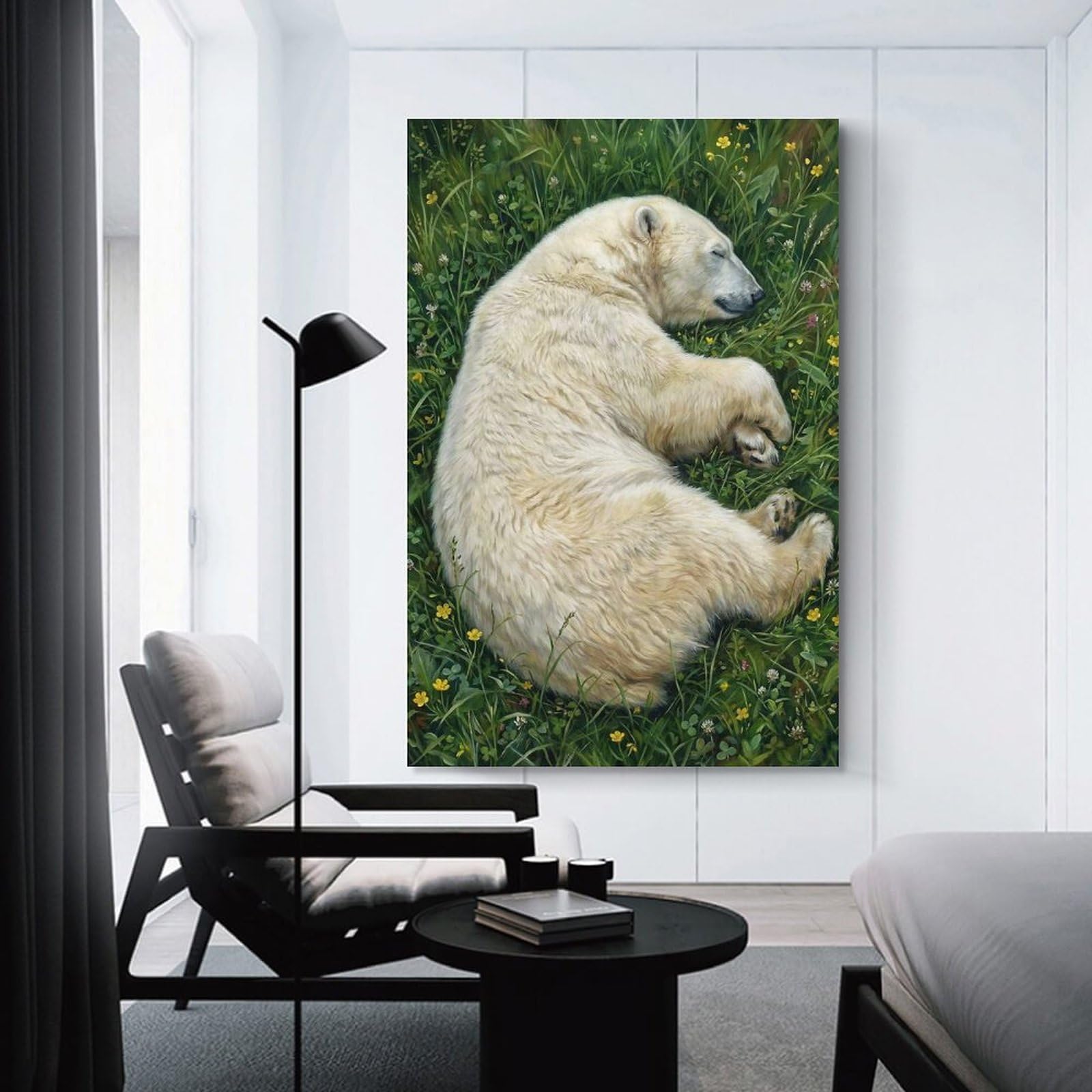 Junmoney Wall Art Print Sleeping Polar Bear in Meadow, 12x18inch(30x45cm), for Study, Office Or Focused Interiors, Decorative Artwork for Productive Spaces
