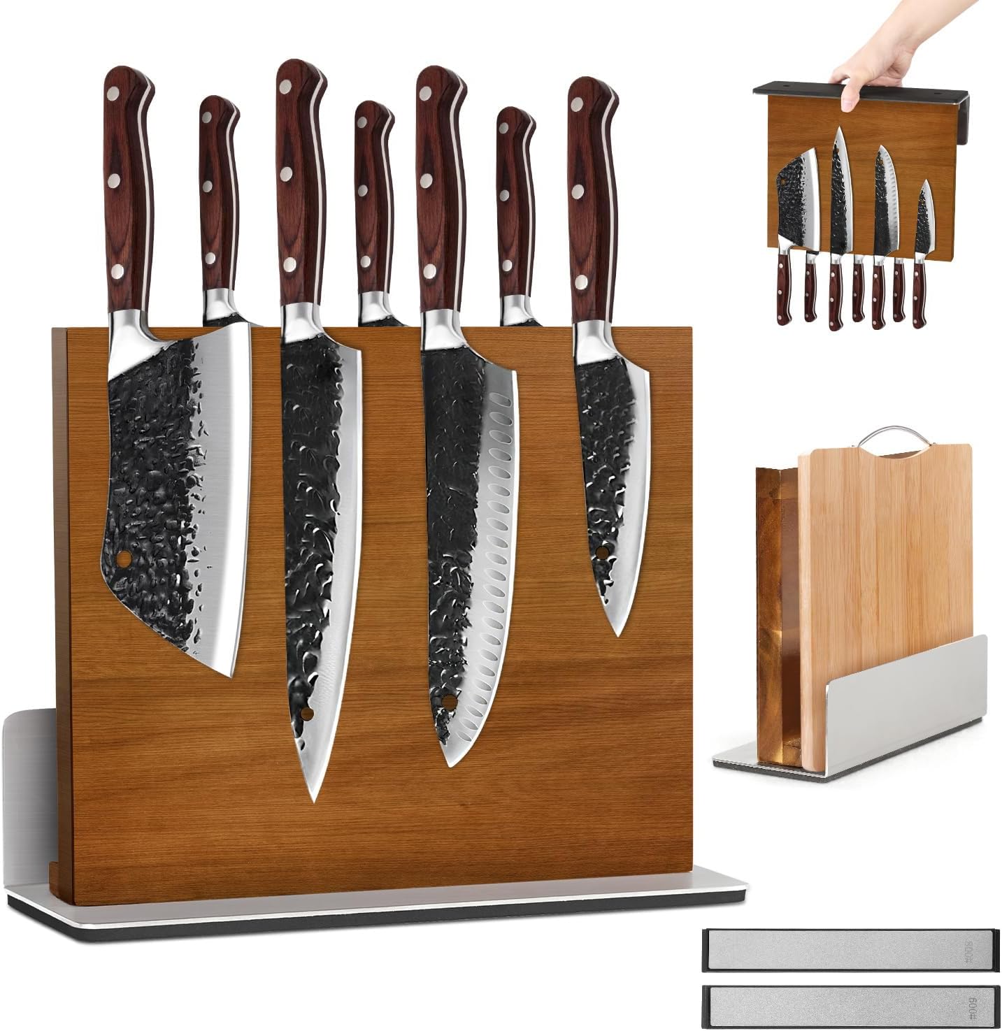 2 in 1 Wood Magnetic Knife Block with Sharpener, Acacia Wood Magnetic Knife Board with Anti-Slip Base, Double Side Strong Magnetic Knife Holder Stand for Kitchen Countertop