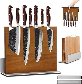 2 in 1 Wood Magnetic Knife Block with Sharpener, Acacia Wood Magnetic Knife Board with Anti-Slip Base, Double Side Strong Magnetic Knife Holder Stand for Kitchen Countertop