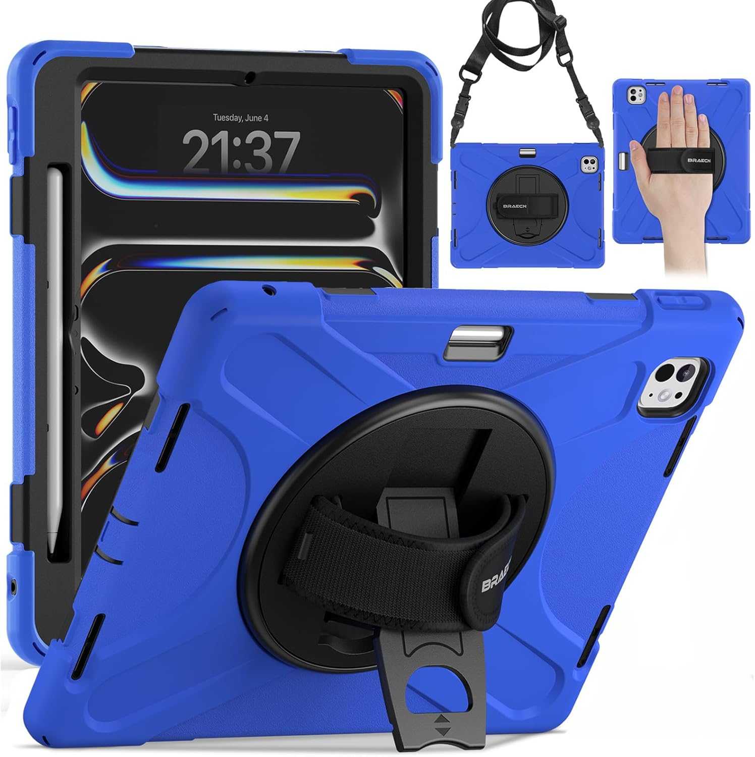 BRAECN for iPad Pro 13 Inch M5/M4 Case 2025/2024 with Pencil Holder 360 Degree Rotating Hand Strap and Stand Shockproof Cover for iPad Pro13 7th Gen M5/M4 with Adjustable Shoulder Straps