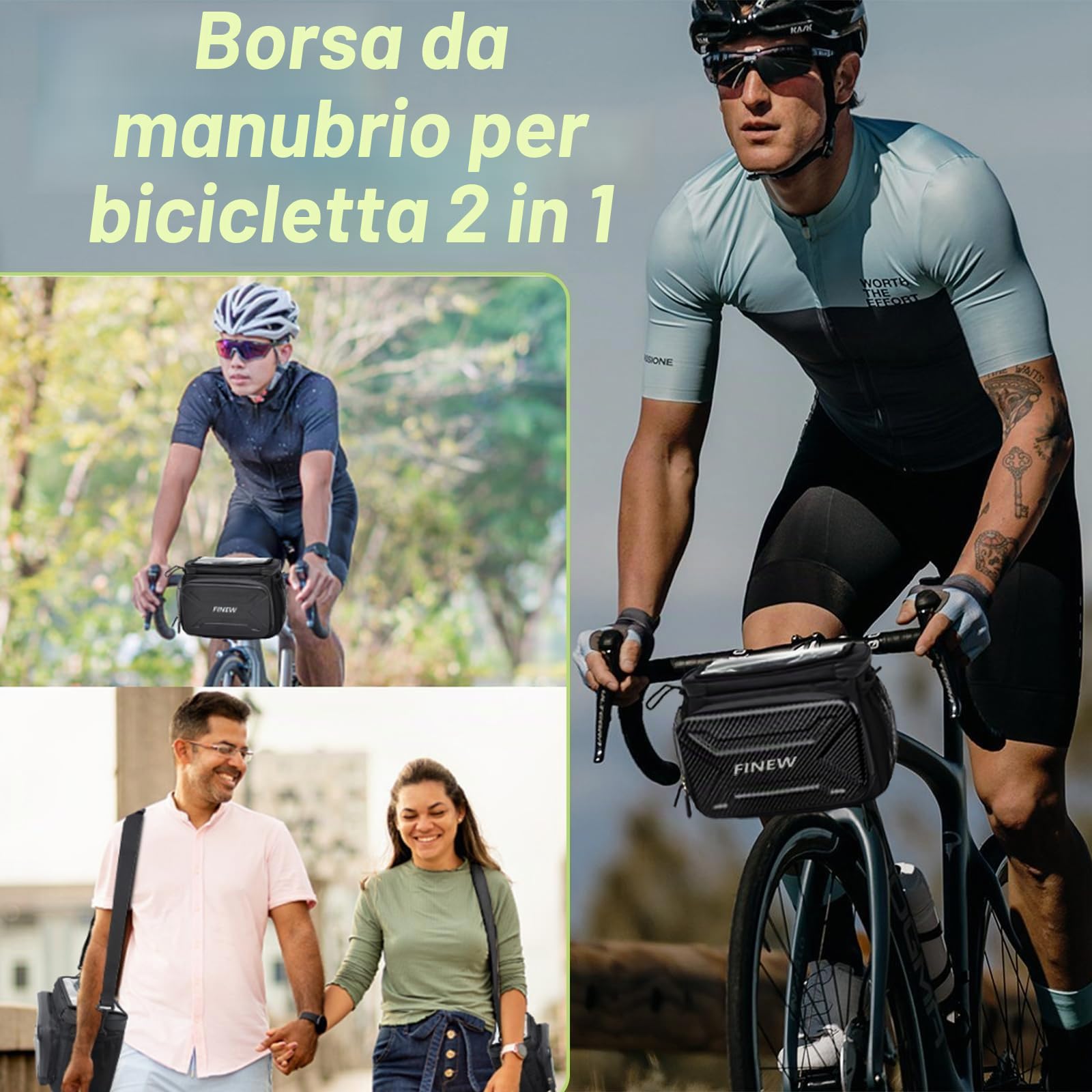 FINEW Borsa da manubrio per bicicletta con adattatore elettrico, 6 l, impermeabile, supporto cellulare, touchscreen, tracolla rimovibile, parapioggia