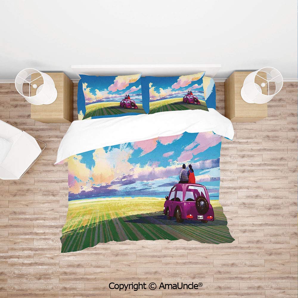 SCOCICI Graphic of Young Couple Sitting on Car in Front of Dramatic Landscape Soul Mates Lightweight Bedding 4 Piece Duvet Cover Set 4 Pcs Set (1 Duvet Cover, 1 Bed Sheet, 2 Pillowcases) Bedding Sets