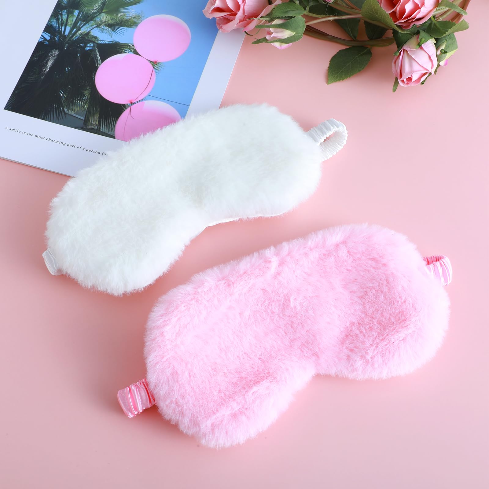 Oruola Lot de 2 masques de sommeil confortables pour enfants, masques de sommeil en peluche avec dos en satin et fausse fourrure pour enfants, femmes, hommes, sieste, rose et blanc