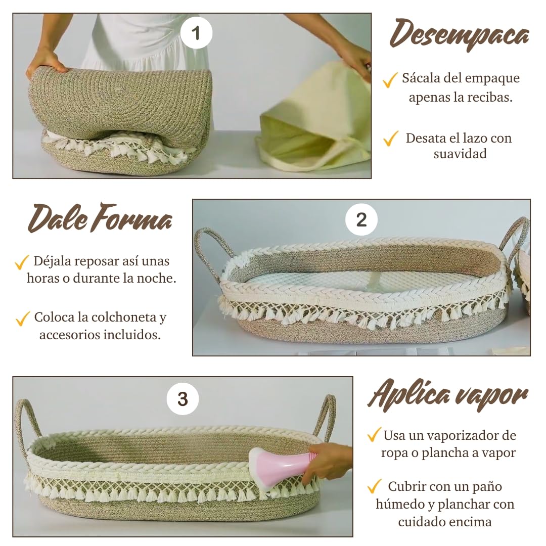 SEBRAM Cesta Cambiador Bebé + Colchón cambiador Impermeable limpieza rápida suave y acolchado - Cambiador de pañales Portátil y Plegable con Bolsa de Viaje | Diseño Elegante Boho (Beige)