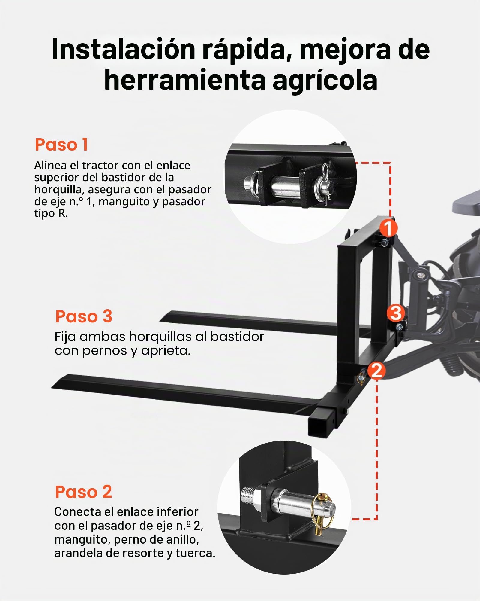 VEVOR Horquillas para Palets de 3 Puntos 680 kg, Abrazadera de Horquillas de Tractor Longitud Total de 128 cm, Ancho Ajustable de 735-1170 mm, Acoplamientos de Enganche Rápido para Tractores de CAT 1