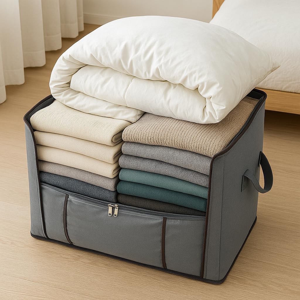 Kit c/ 4 CAIXA Sacos Organizadores REFORÇADO de Roupas e Edredons – Visor Transparente, Zíper Forte, Alças Laterais, Dobrável, Empilhável – Ideal Closet, Cama, Brinquedos e Viagens (Kit c/4)