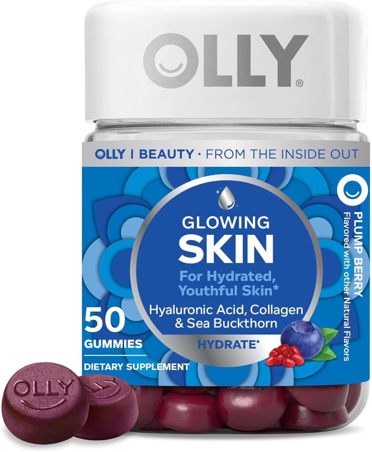 OLLY Glowing Skin Gummy, Hydrated & Youthful Skin,* Hyaluronic Acid, Collagen Peptides, Sea Buckthorn, Plump Berry Flavor, 25 Day Supply – 50 Count