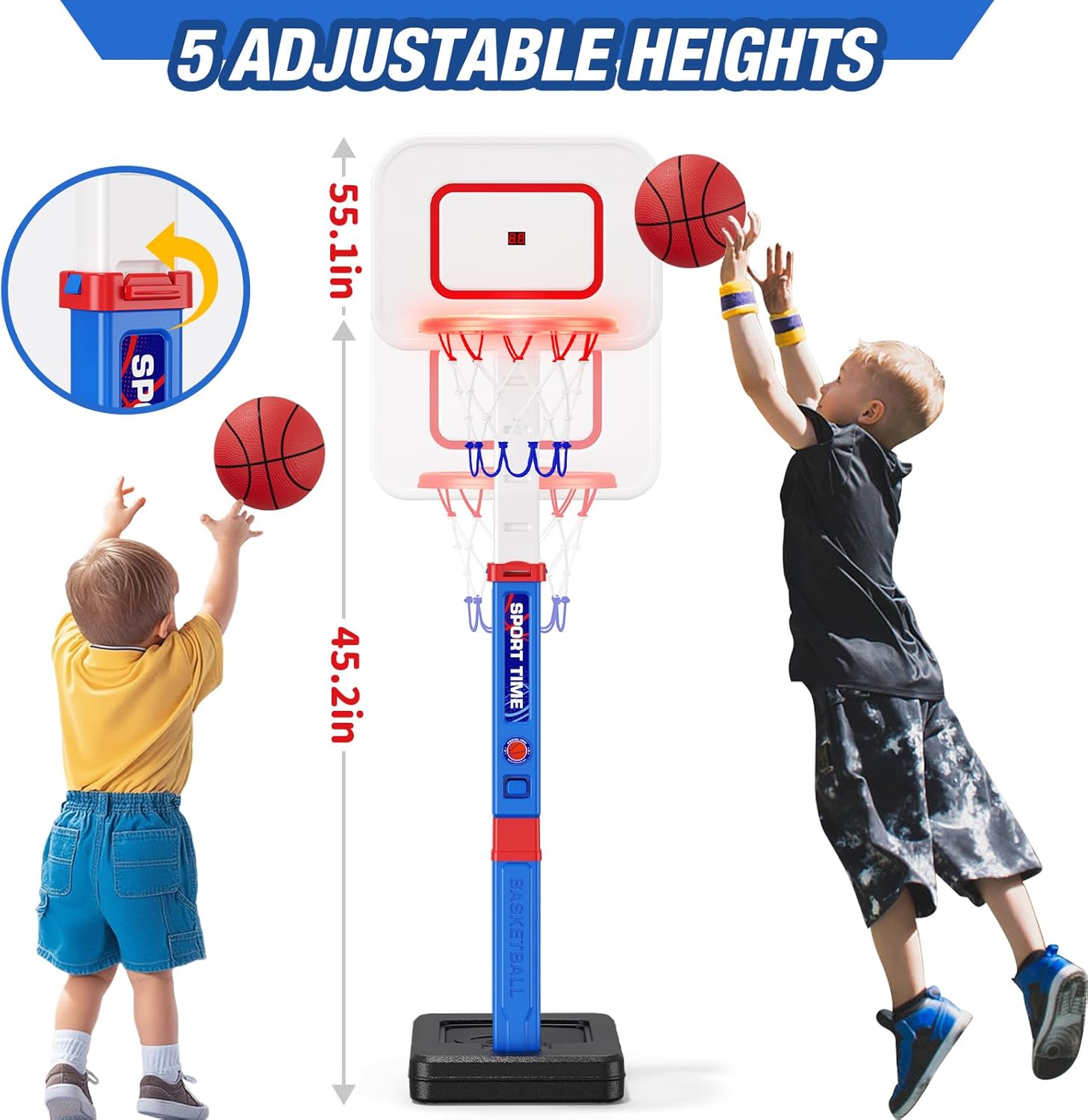 Toddler Basketball Hoop with Scoreboard/LED Basketball Rim/4 Balls, 55" Height Adjustable Basketball Hoop for Kids 3-5, Indoor Outdoor Sport Toys Birthday Gifts for Baby Boys Girls