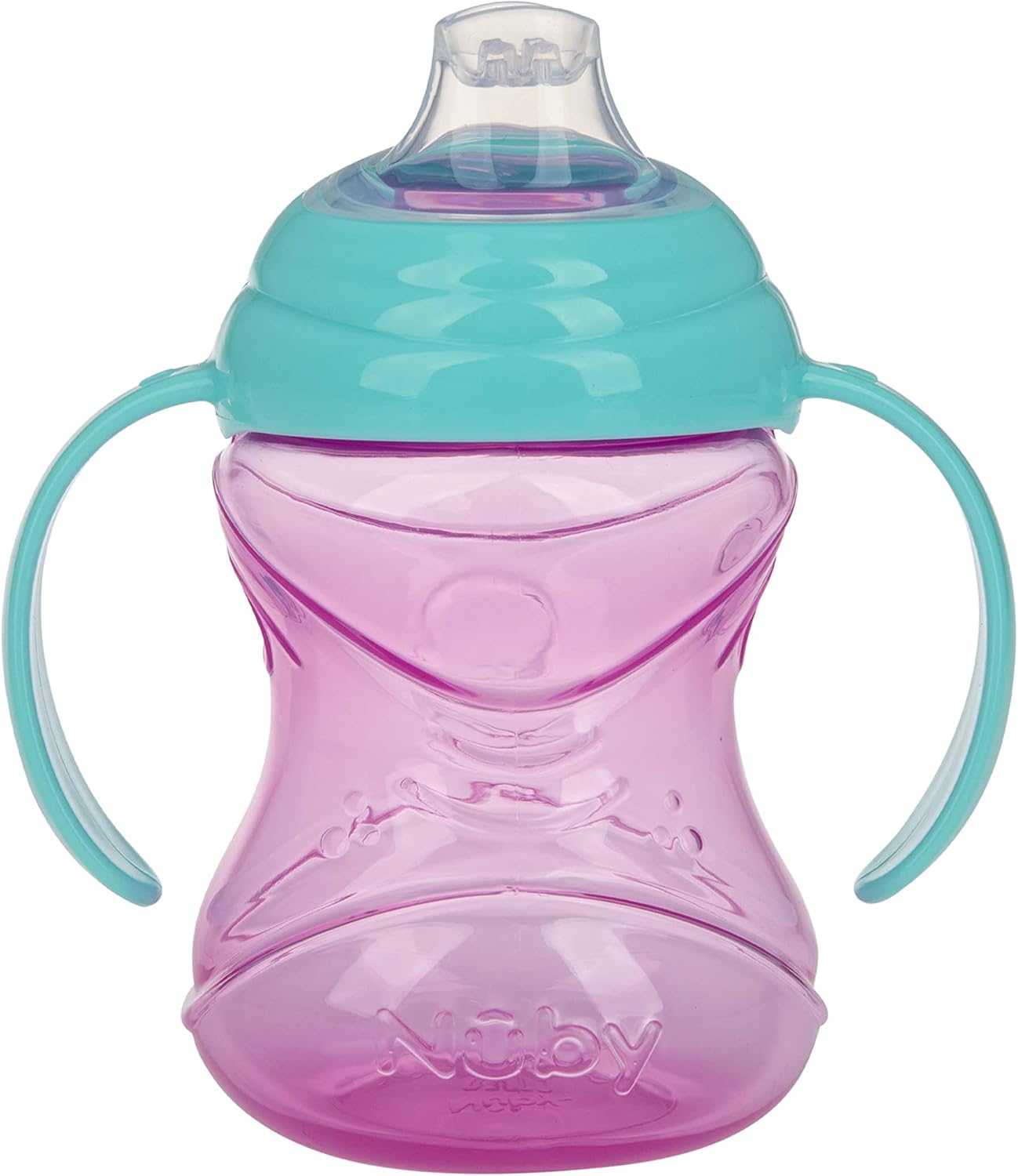 Baby holding a Nuby sippy cup with easy-grip handles.
