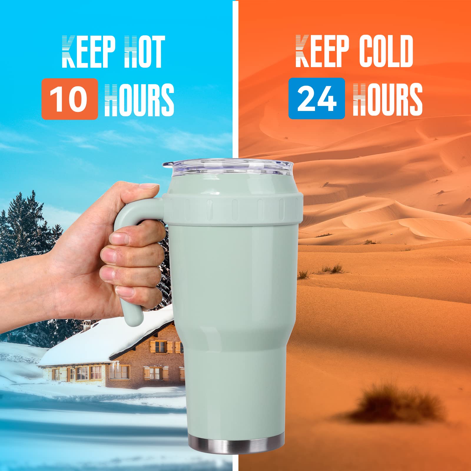 VQRRCKI 40 oz Tumbler with Handle - Stainless Steel Vacuum Insulated Mug Cup with Lid and Straw, Keeps Cold for 34 Hours or Hot for 12 Hours - Sweat Proof, Leak Proof, Dishwasher Safe