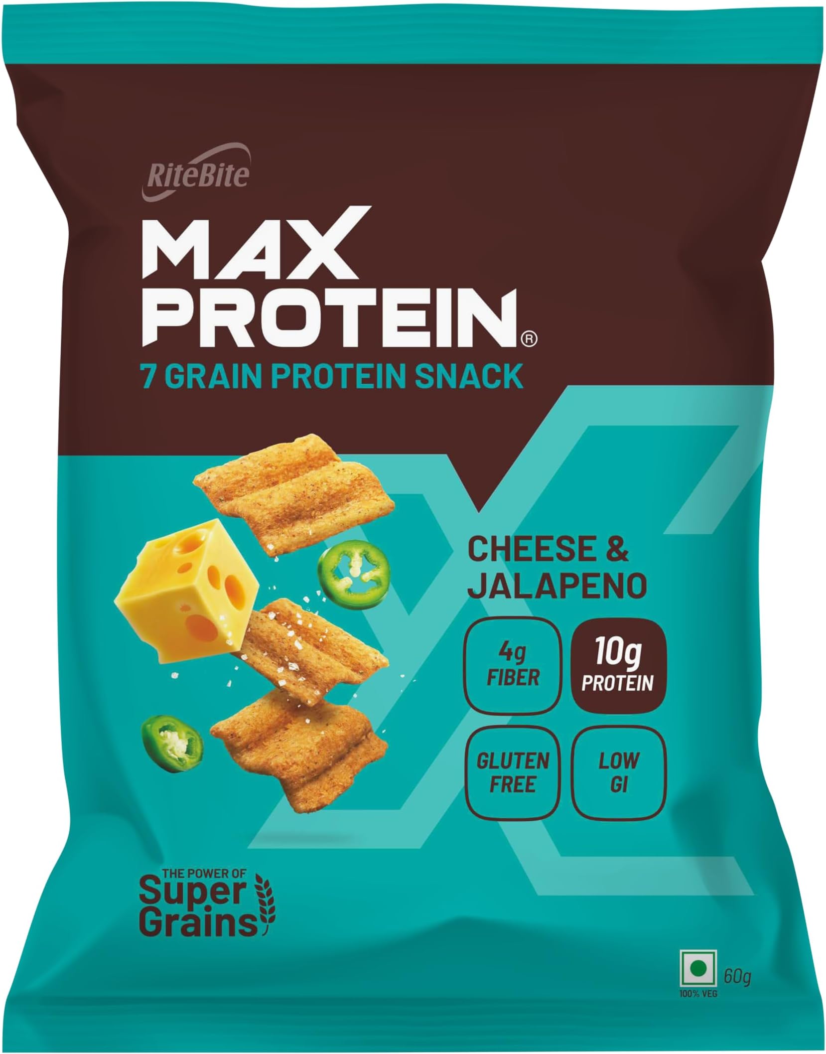 RiteBite Max Protein Chips Cheese & Jalapeno | With 20g Protein, 8g Fiber, Low Gi, Gluten Free, Made with Jowar, Quinoa, Oats, Ragi | No Preservatives, 100% Vegetarian Protein Snack, 60g