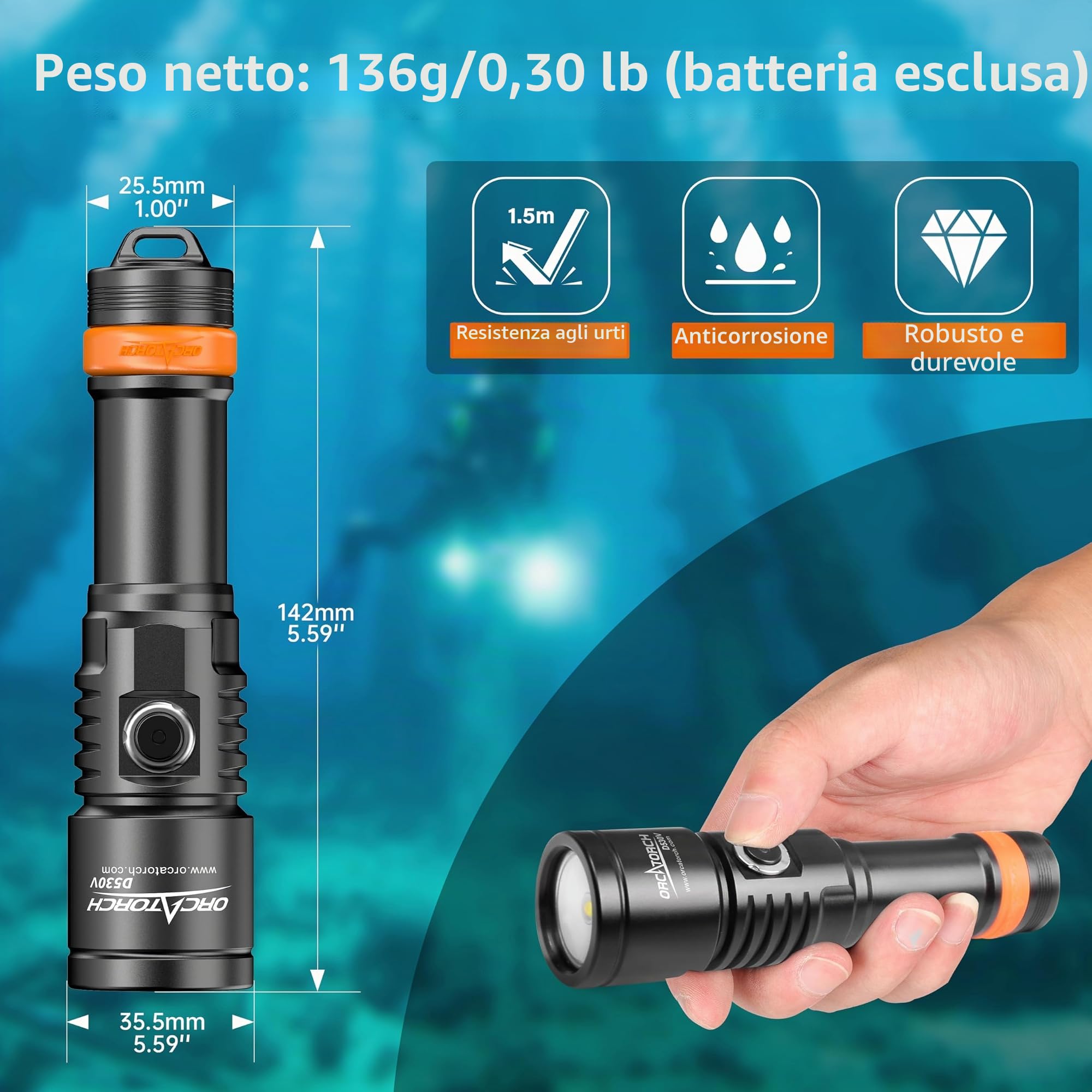 ORCATORCH D530V Torcia Subacquea 6500K, Ampio Angolo 120°, Foto Subacquee | Luce Video,1200 Lumen,Snoot Per Scatti Macro,Giunto Sferico, Fotografia Subacquea, Immersioni Notturne,Foto e Video Subacquei