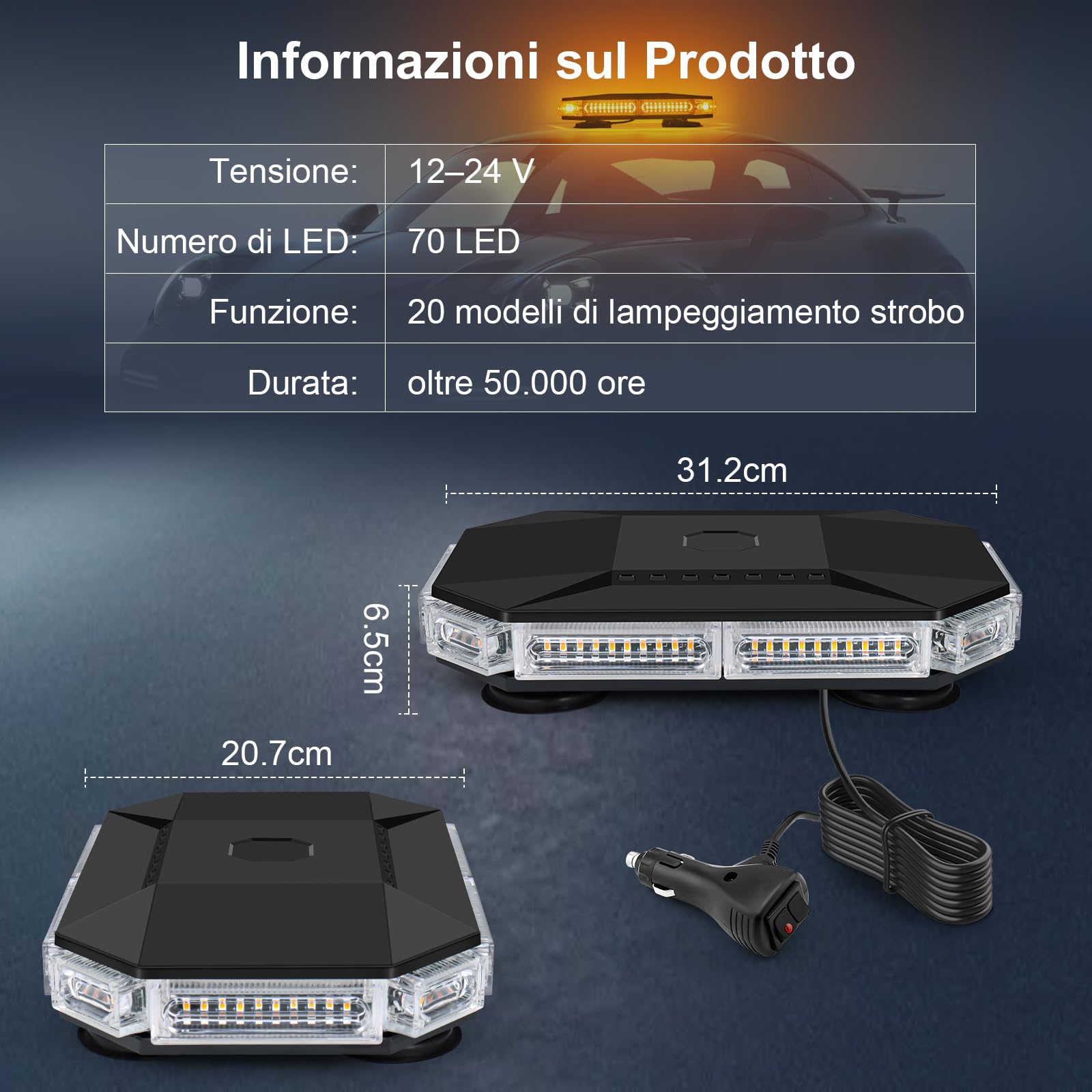 Lampeggiante Arancione a 70 LED con Magnete - Luce di Avvertimento 12V 24V, Cavo da 4,8 m, Impermeabile IP65, 20 Modalità per Camion, Attrezzature Edili, Agricoltura