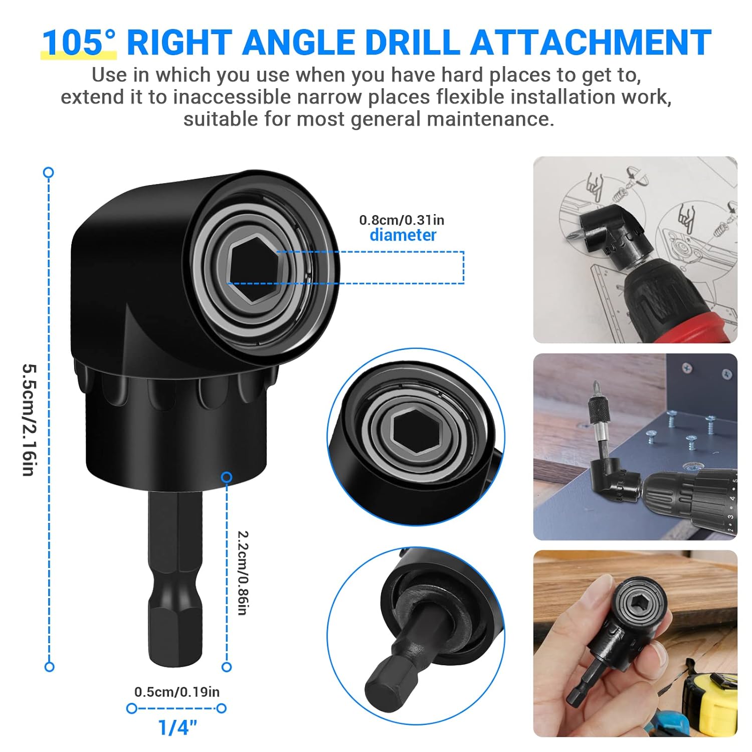 Flexible Drill Bit Extension Set, Hex Shank Bit Holder Keychain, 105°Right Angle Drill Attachmen, 3pcs 1/4 3/8 1/2" Hex Socket Adapter, 3pcs Drill Bit Holder Extension, Screwdriver Bit Kit (Black)
