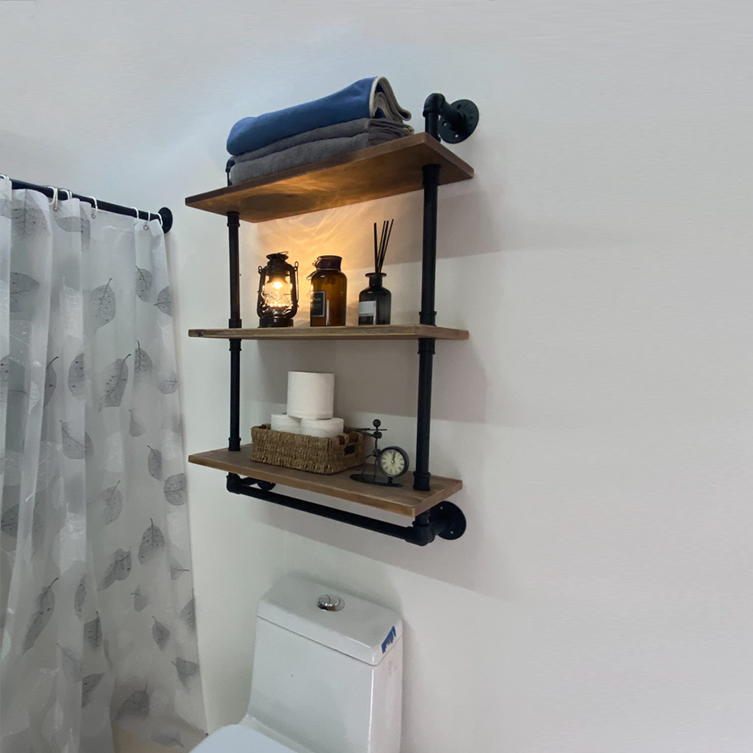 ROGMARS Industrial Pipe Shelving,Iron Pipe Shelves Industrial Bathroom Shelves with Towel bar, 24 in Rustic Metal Pipe Floating Shelves Pipe Wall Shelf,3 Tier Industrial Shelf Wall Mounted with Hook