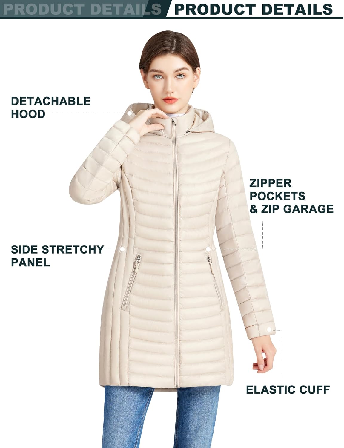 ANOTHER CHOICE Women Ultralightweight Down Coat Winter Puffer Jacket with Detachable Hood Stretchy Panel Rollable, Ivory White, Medium - Image 5