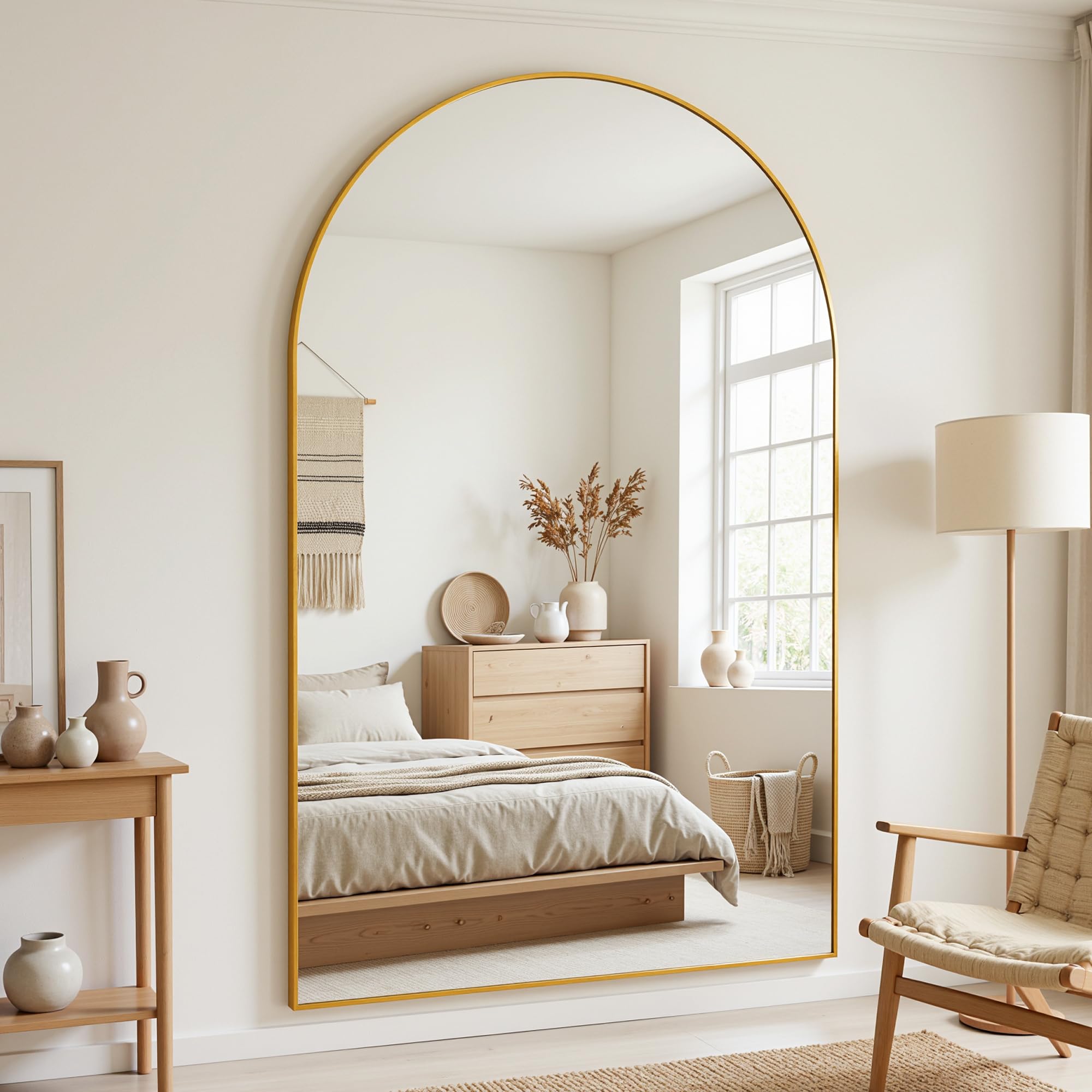 Antok Grand miroir pleine longueur, 183 x 112 cm, miroir sur pied bombé, verre incassable, miroir de sol, pour salon, dressing, montage mural, emballage sûr, doré