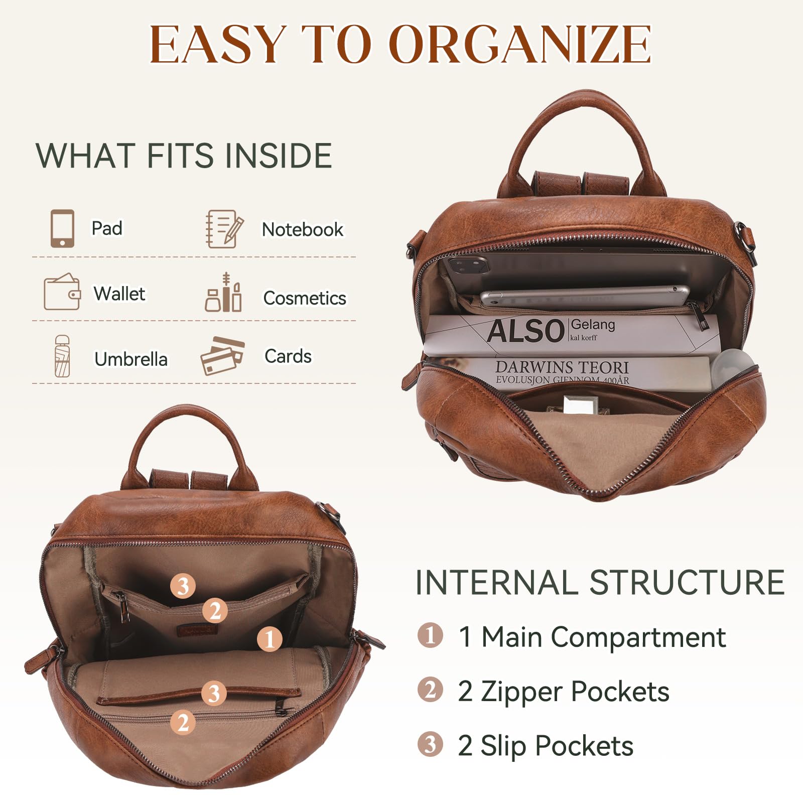 RAVUO Mochila Mujer,Bolso Mochilas de Cuero PU Impermeable Casual Mochila Casual Bolso de Bandolera Piel para Escuela Viaje Compras,Marrón