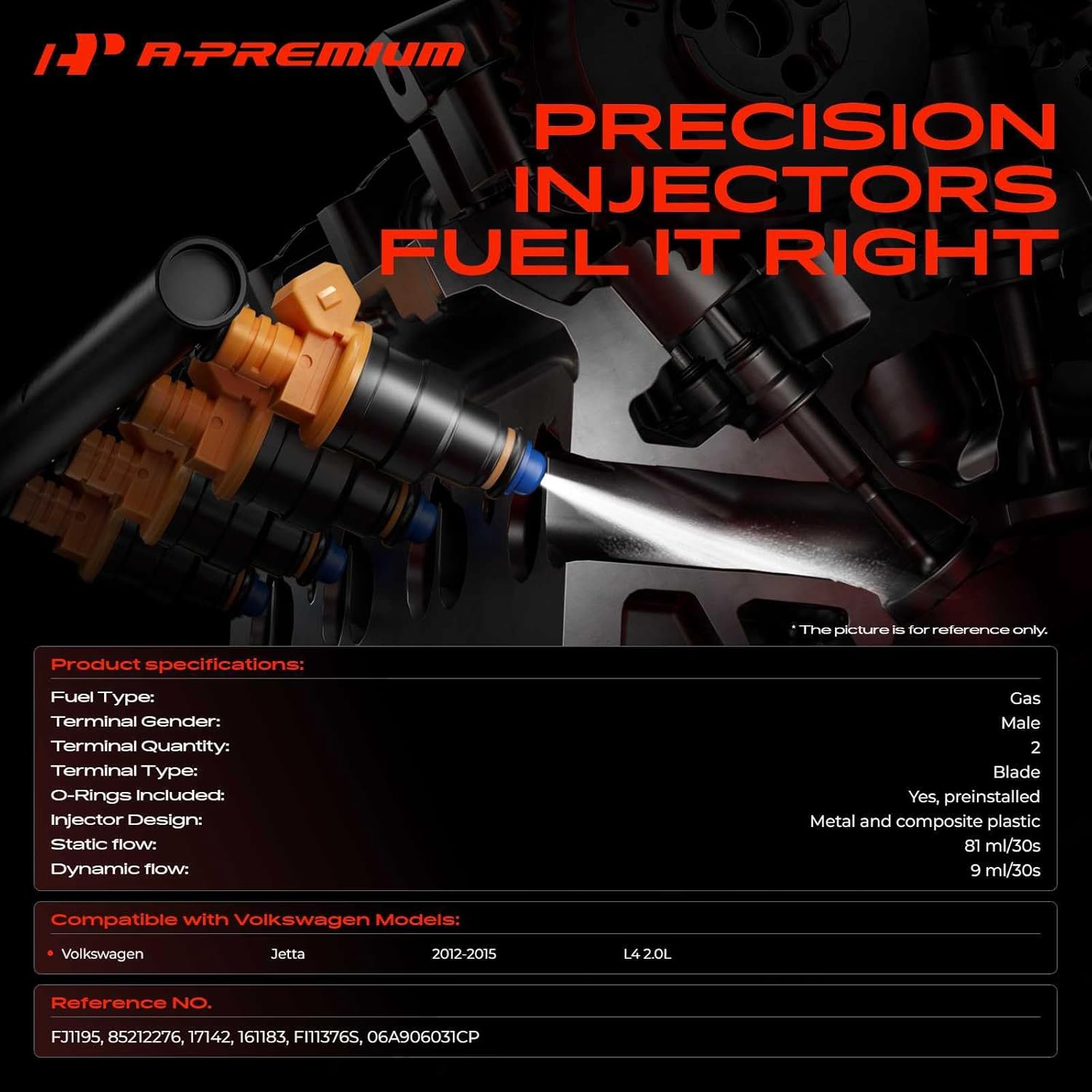 A-Premium Set of 4 Fuel Injectors Compatible with Volkswagen Jetta 2012 2013 2014 2015, 2.0L, GAS