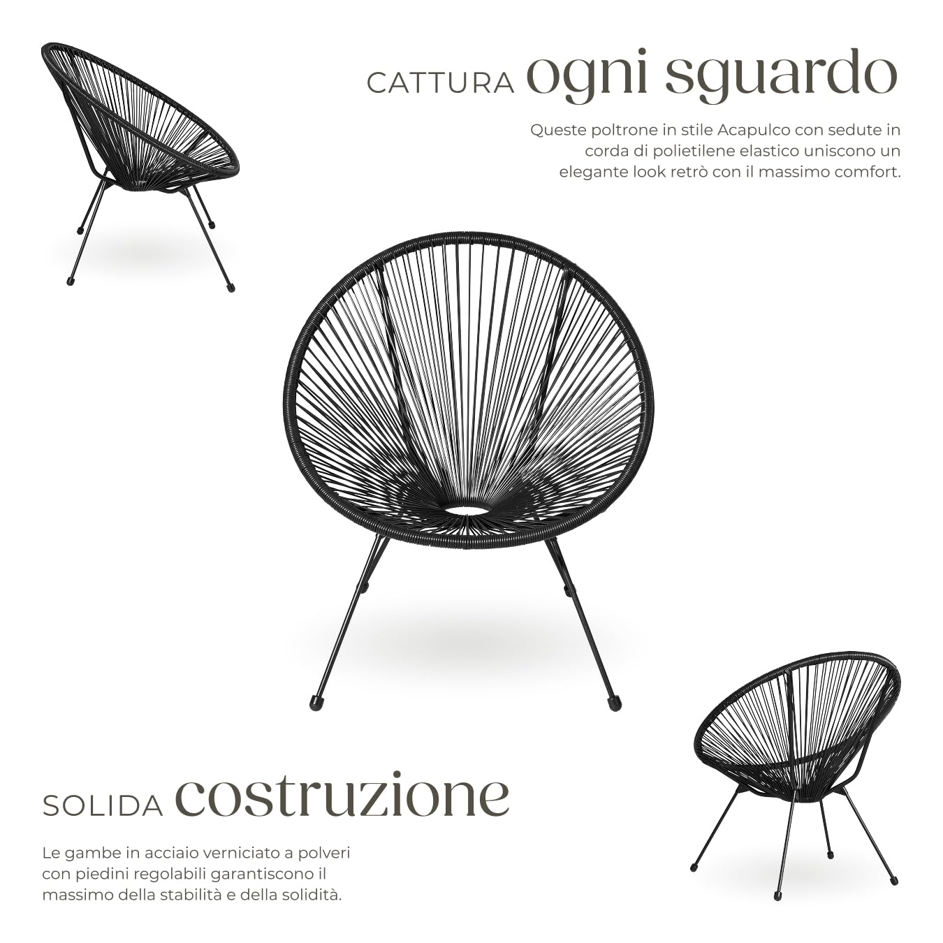 tectake® Set 2 Sedie Santana, Confortevole Set Sedie in Stile Retrò, Robusto Telaio in Acciaio, Corde Elastiche in Polietilene, Adatto per Interni ed Esterni - Nero