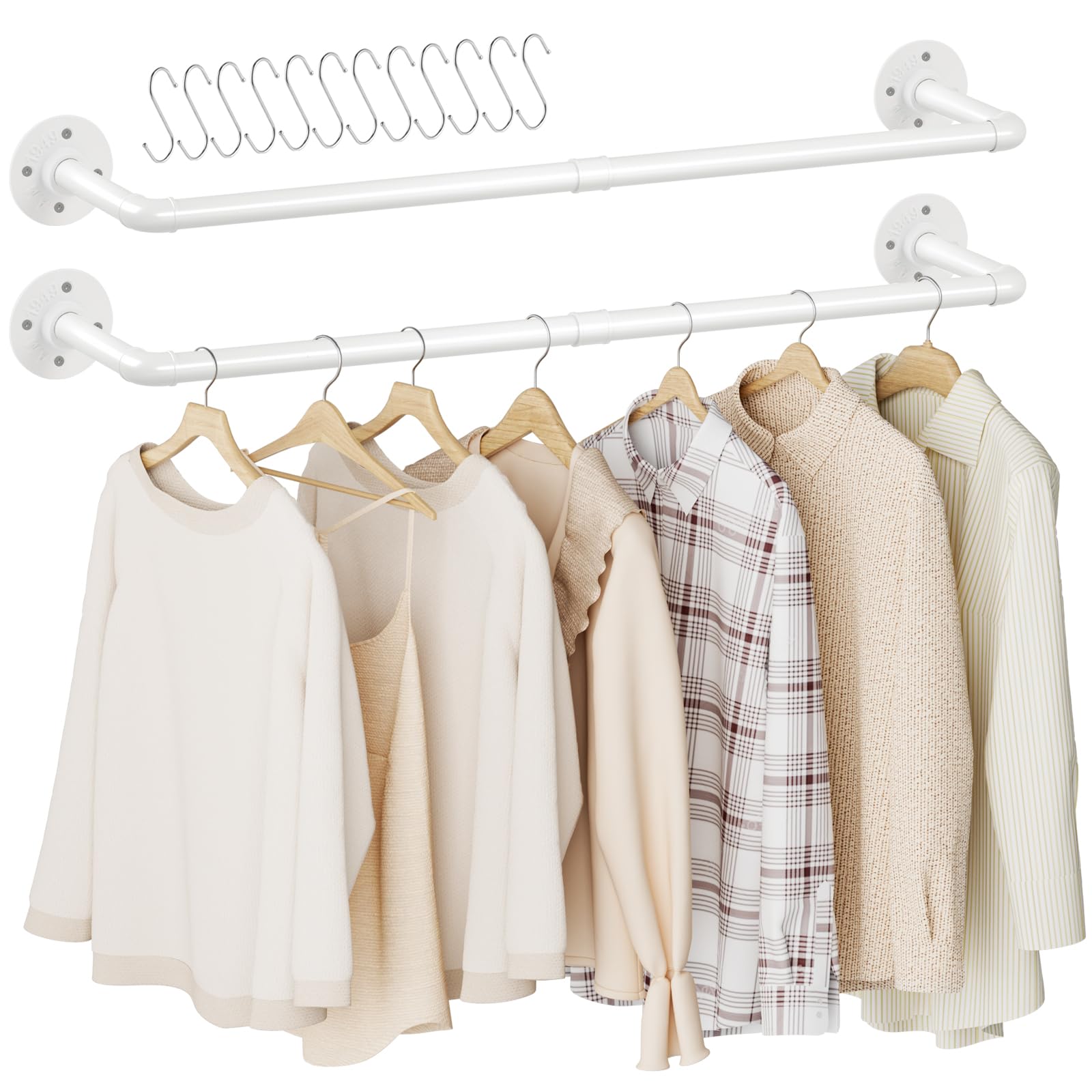 Urban Deco Industrial Pipe Clothes Rack 92cm Inches Wall Mounted Clothes Rail For Bedroom Heavy Duty Detachable Wardrobe Rail Vintage Iron Garment Bar With 2 Base White (Holds Up To 45 KG)-2 Packs