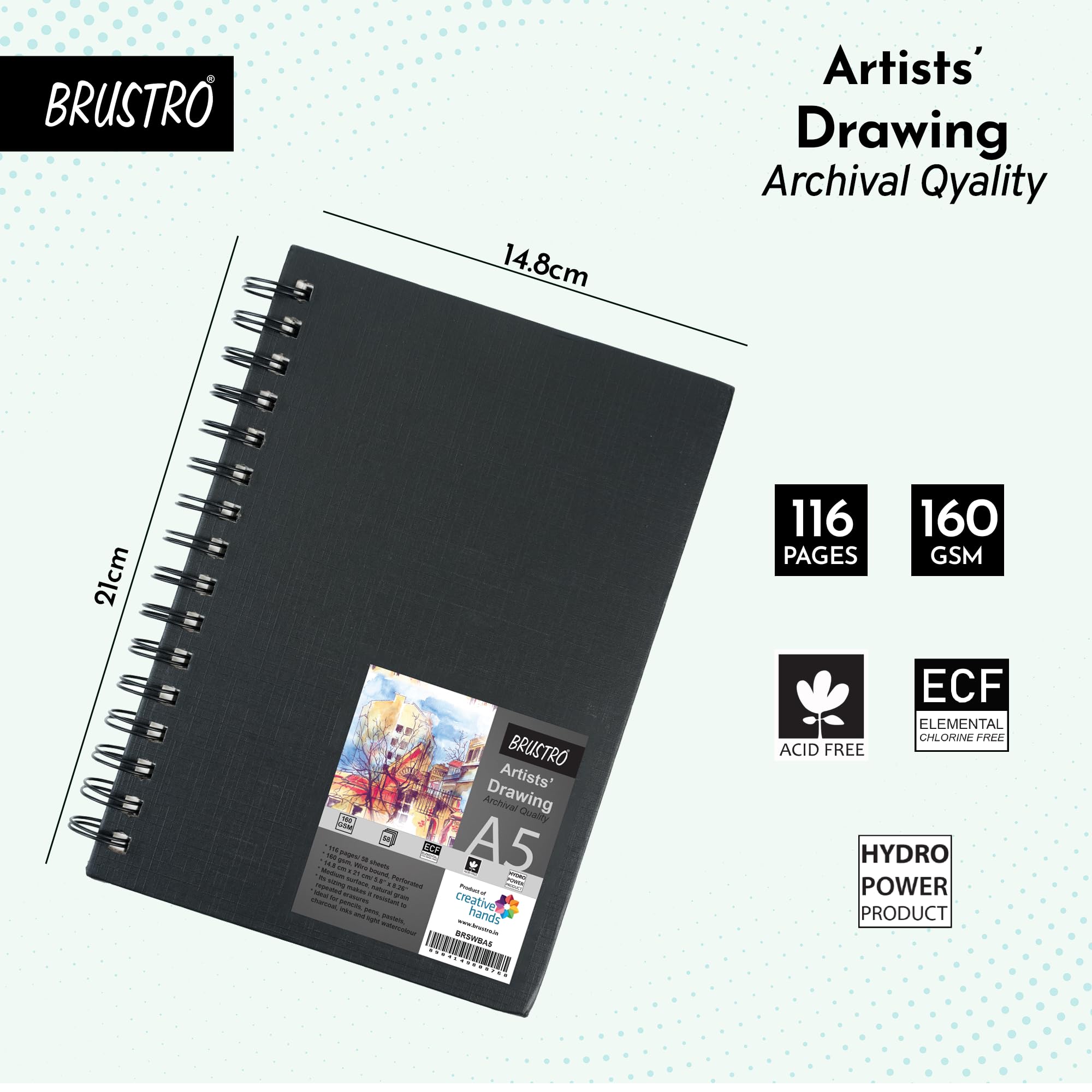 Brustro Artists' Sketch Book Wiro Bound, Size A5 (5.8x8.3 inches), 160 GSM, 116 Pages (Acid Free) | Ideal for Sketching,Shading,Drawing with Pencil,Charcoal,Graphite — Amazon image 2