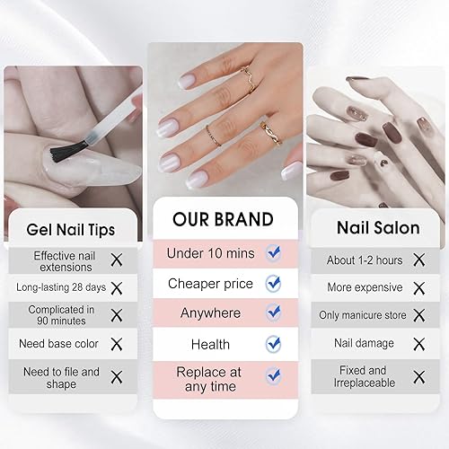 Miniatura 10 de Uñas postizas cortas a presión color nude, uñas postizas cuadradas brillantes naturales con pegamento, uñas postizas acrílicas reutilizables, uñas