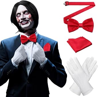 5 Pcs Halloween Puppet Clown Costume Scary Halloween Cosplay Accessories Include Wig Facial Stickers Red Adjustable Bow Tie Pocket Square and Gloves for Horror Clown Latex Party