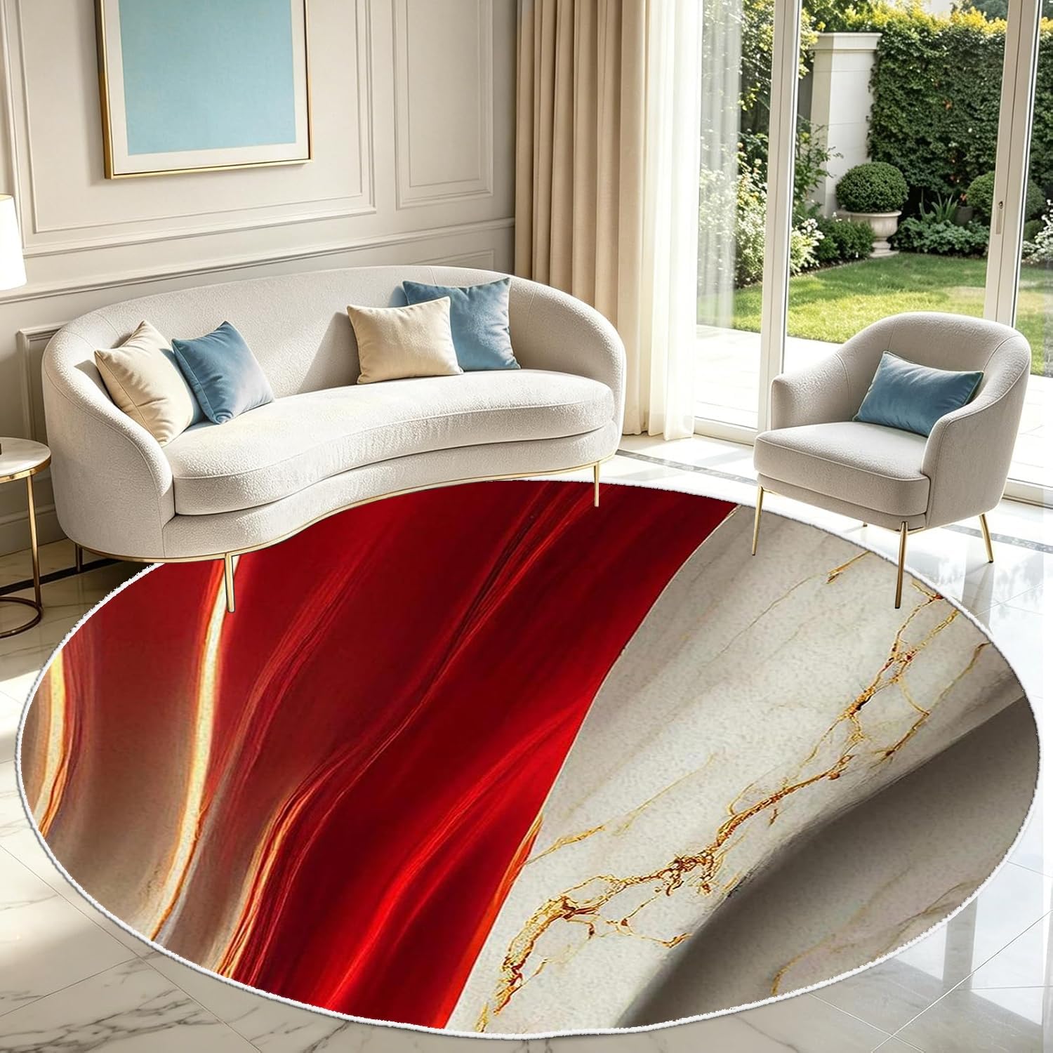 PDENZG Gold Marble Area Rug,200cm,Abstract Modern Red and White Round Rug, Washable Non-Slip TPR Backing Marble Rugs, for Bedroom Living Room Dining Room Bedside Home Decor Red Round Carpet
