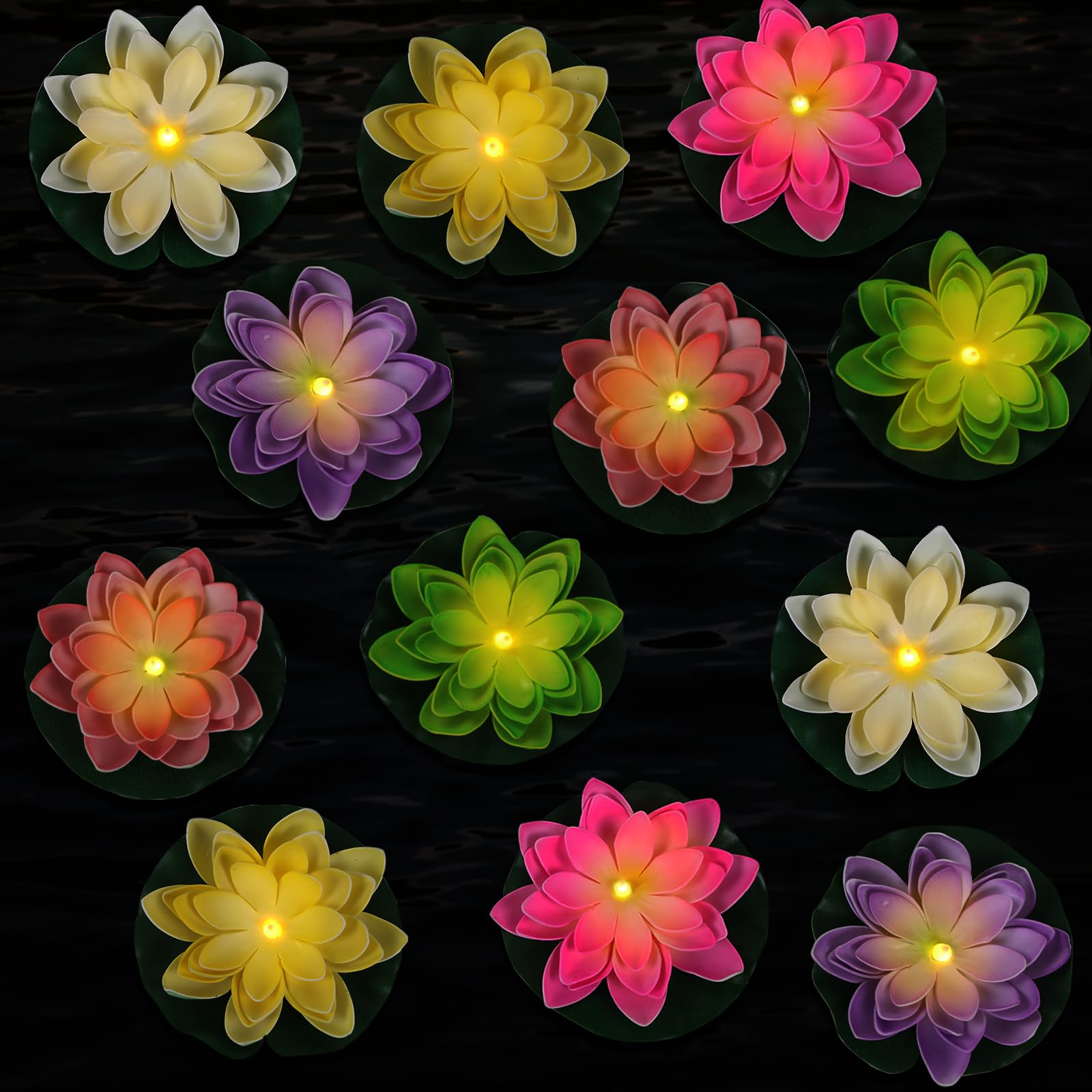Photo 1 of LACGO Waterproof Floating Lotus Light, 12PCS Floating Lily Light Water Activated Artificial Flowers Battery Operated for Wedding Pool Anniversary Garden Decoration(6 Inch, Mix-Color)