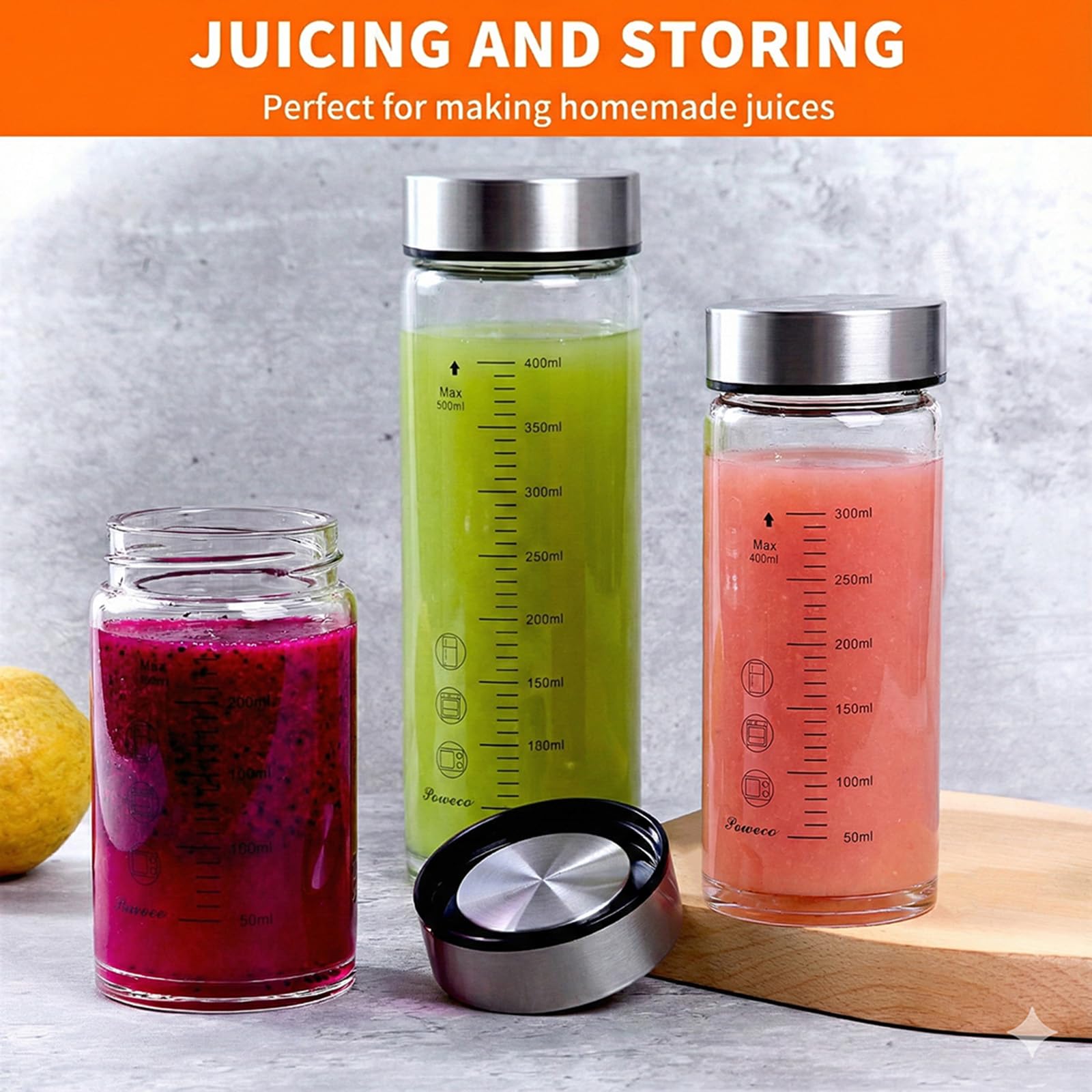 Lot de 6 bouteilles d'eau en verre de 355 ml à large goulot avec couvercles, pour jus, protéines, smoothie, lait, réutilisables, sans BPA, couvercles en acier inoxydable, mélangeur, shaker (400 ml)