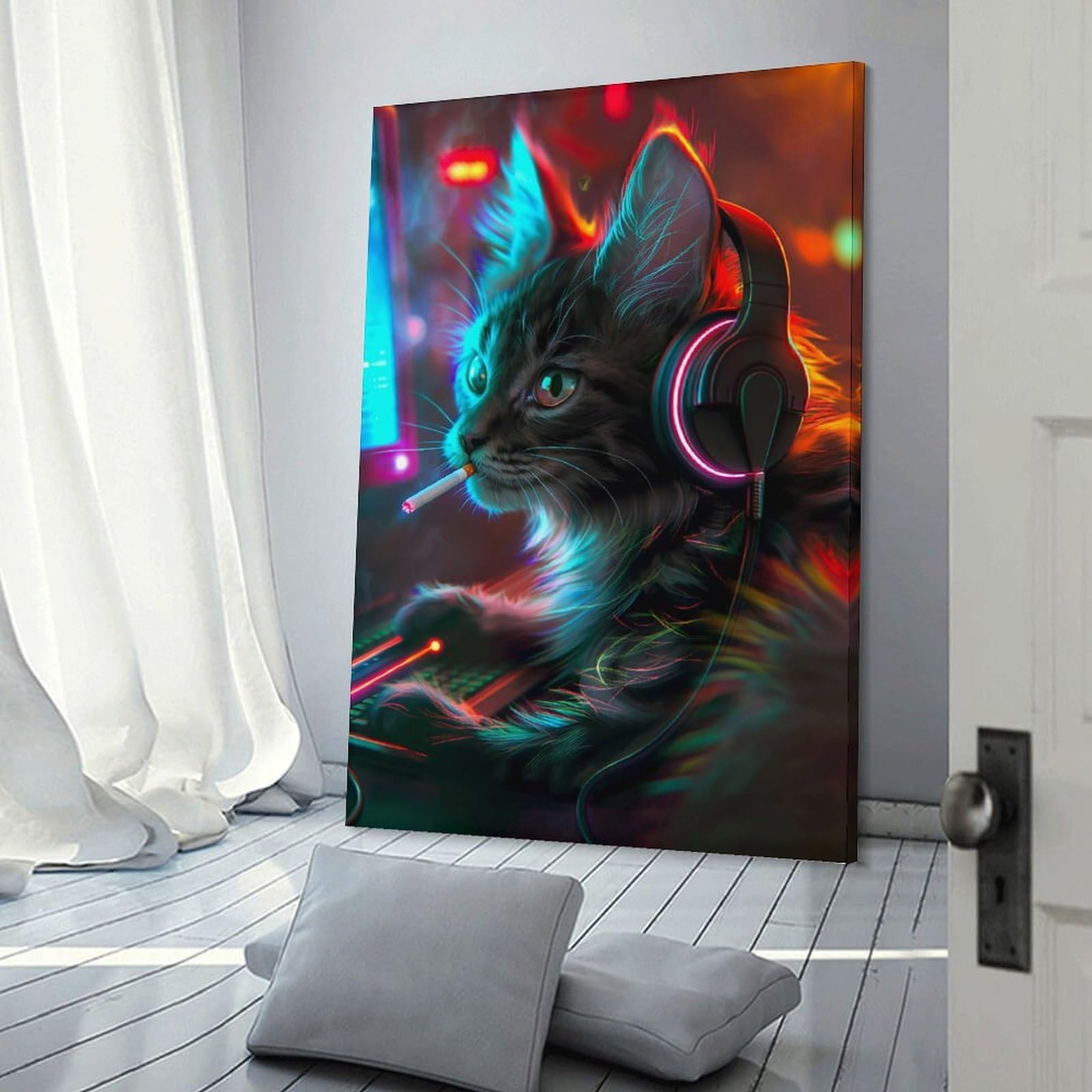 Junmoney Frame-Style-12 Room Decor Wall Art Cool Cat Gamer, 20X30inch(50X75cm), For Entrance Spaces, Stair Walls Or Halls, Home Artwork For First Impressions