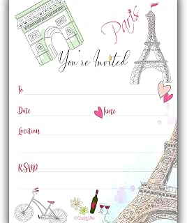 25 Paris Style Invitations with envelopes, fill in french style you're invited For weddings, anniversay, retirement and housewarming parties. Thick & non coated cardstock for use with any pen.