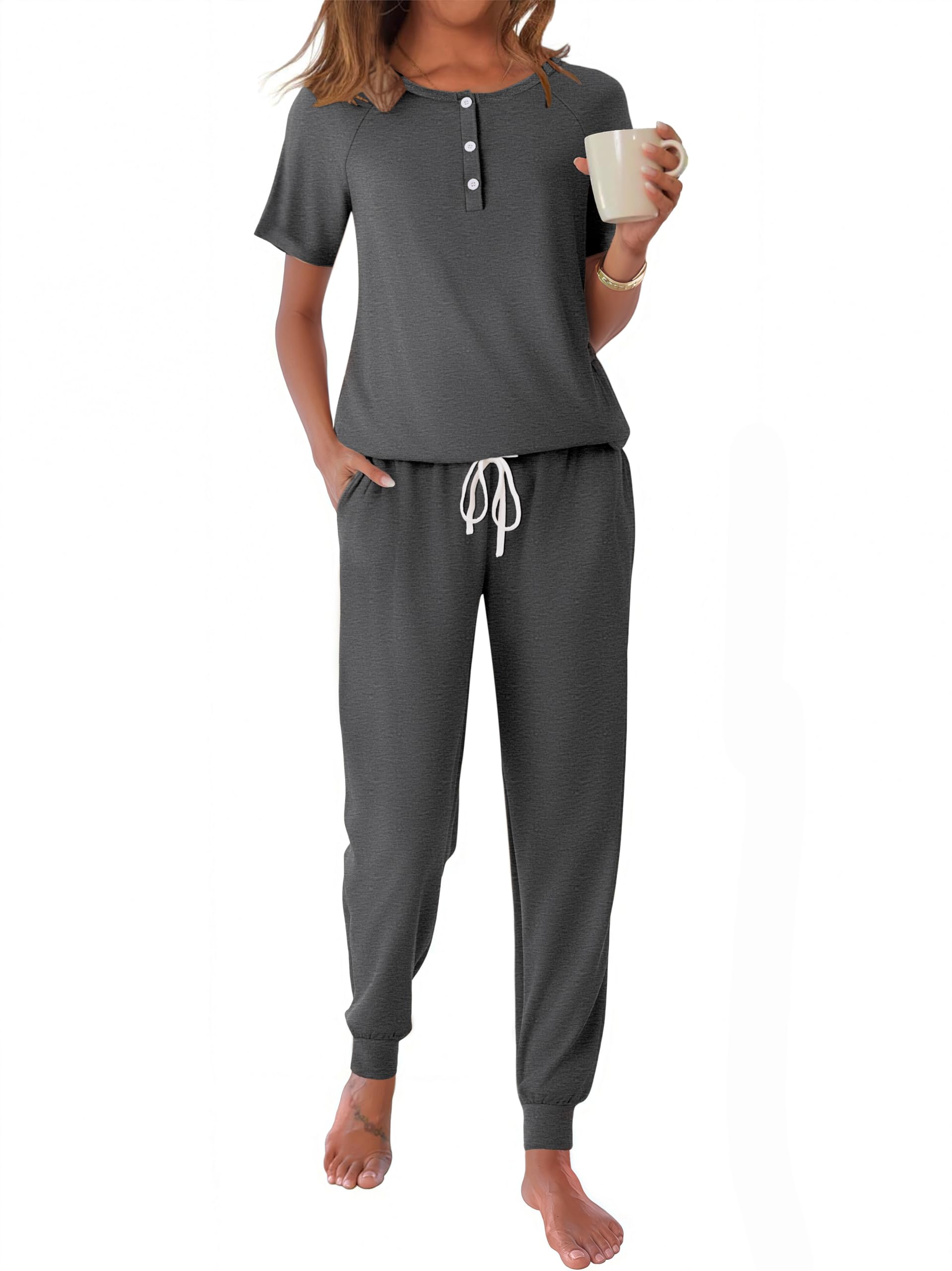 Ekouaer Womens Pajama Sets 2 Piece Pjs Short Sleeve Lounge Sets Joggers Pants Sleepwear Soft Outfits S-XXL