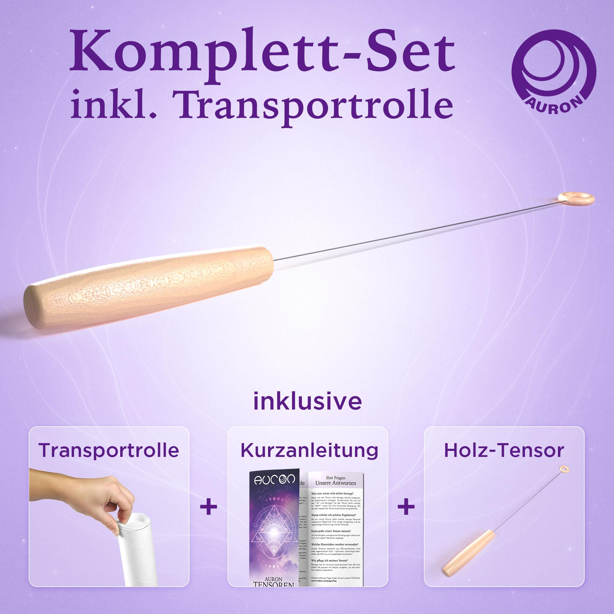 AURON Tensor Einhandrute Holzgriff mit Holzring, robust und sensibel, 43cm, 29g, inkl Transportrolle und Anleitung, Handgefertigt in Deutschland