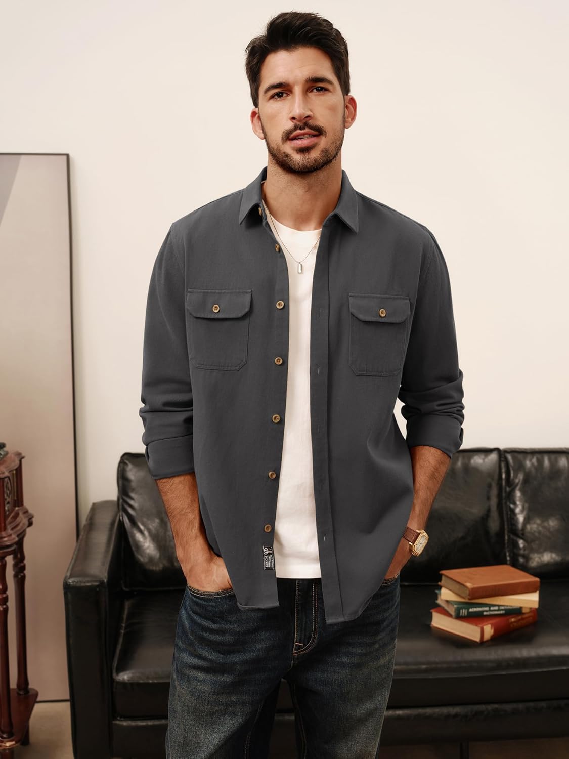 PJ PAUL JONES Mens Casual Shacket Cotton Twill Lightweight Jackets Button Down Shirt Jacket with Pockets - Image 2