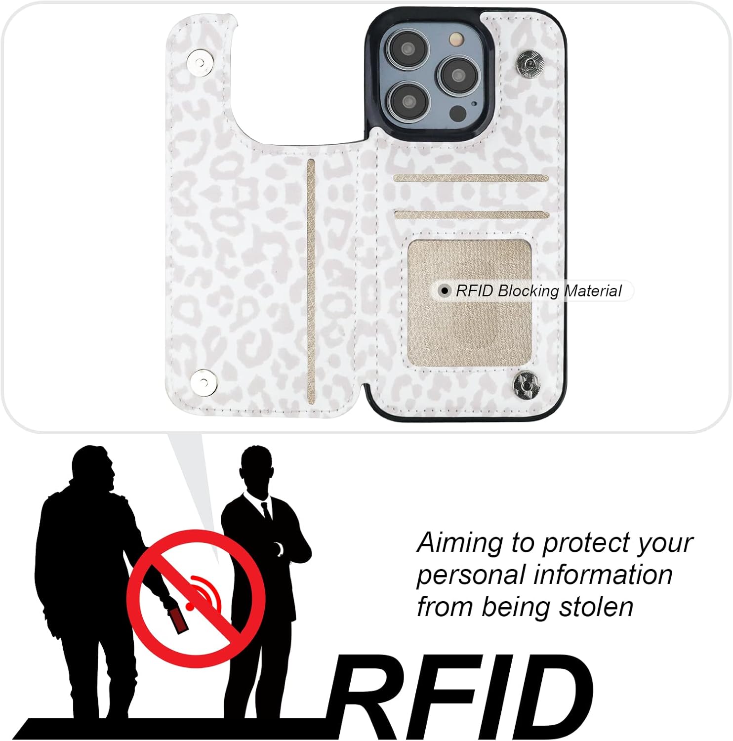 HAOPINSH for iPhone 14 Pro Wallet Case with Card Holder, White Leopard Cheetah Pattern Back Flip Folio PU Leather Kickstand Card Slots Case for Women Girls, Double Magnetic Clasp Cover 6.1" - Image 4